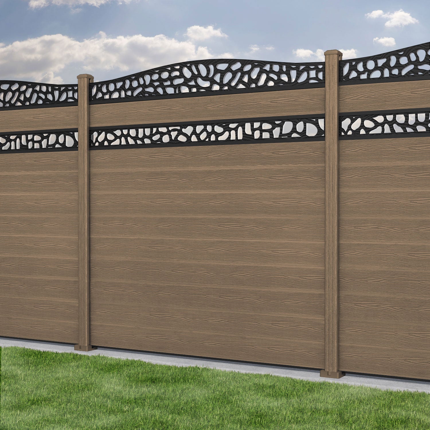 Classic Pebble Curved Top Split Screen Fence Panel - Teak - with our composite posts