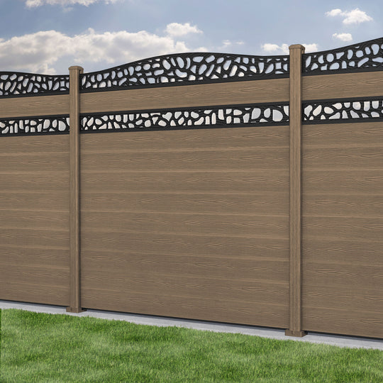 Classic Pebble Curved Top Split Screen Fence Panel - Teak - with our composite posts