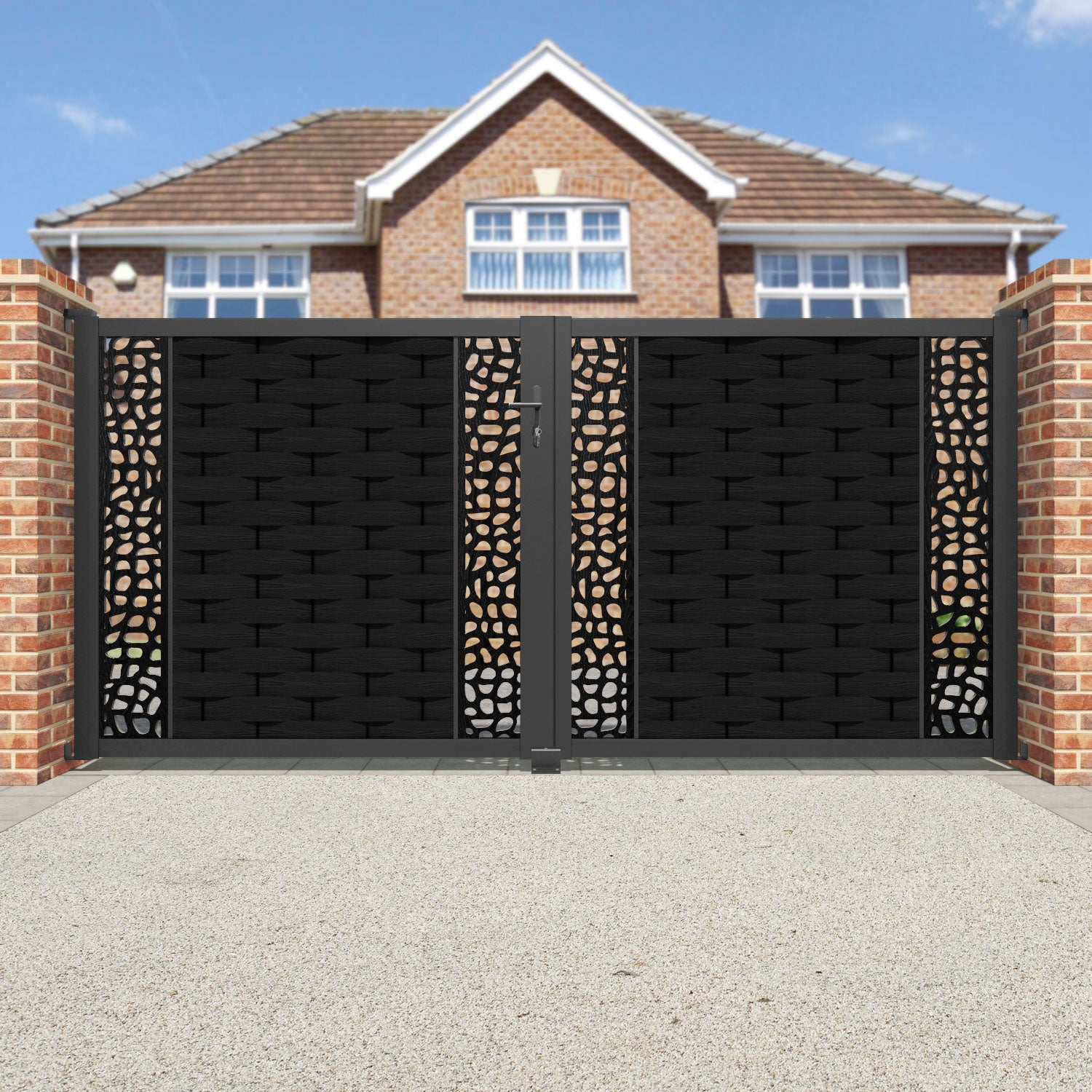 Ripple Pebble Straight Top Driveway Gate - Black - Middle & End Screen