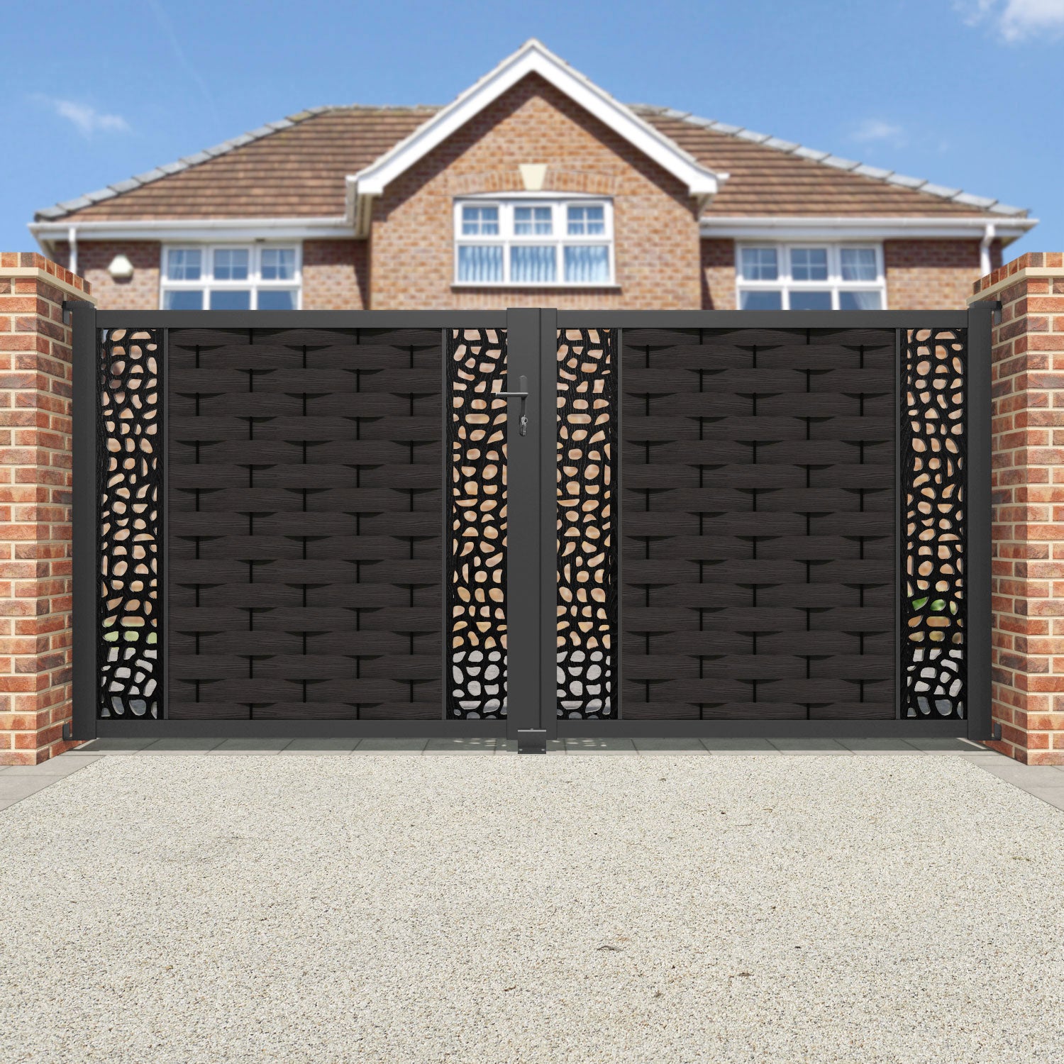 Ripple Pebble Straight Top Driveway Gate - Dark Oak - Middle & End Screen