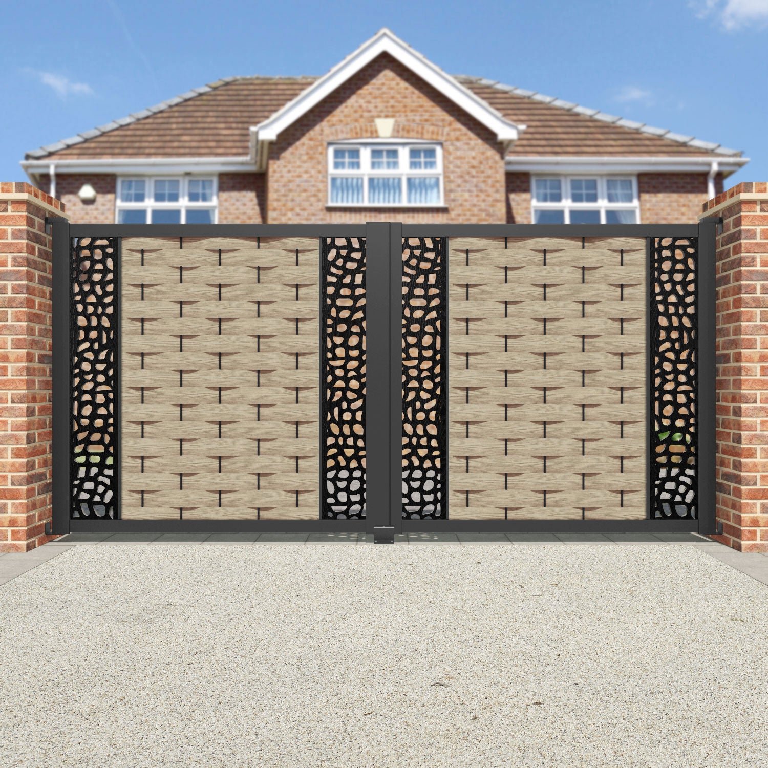 Ripple Pebble Straight Top Driveway Gate - Light Oak- Middle & End Screen
