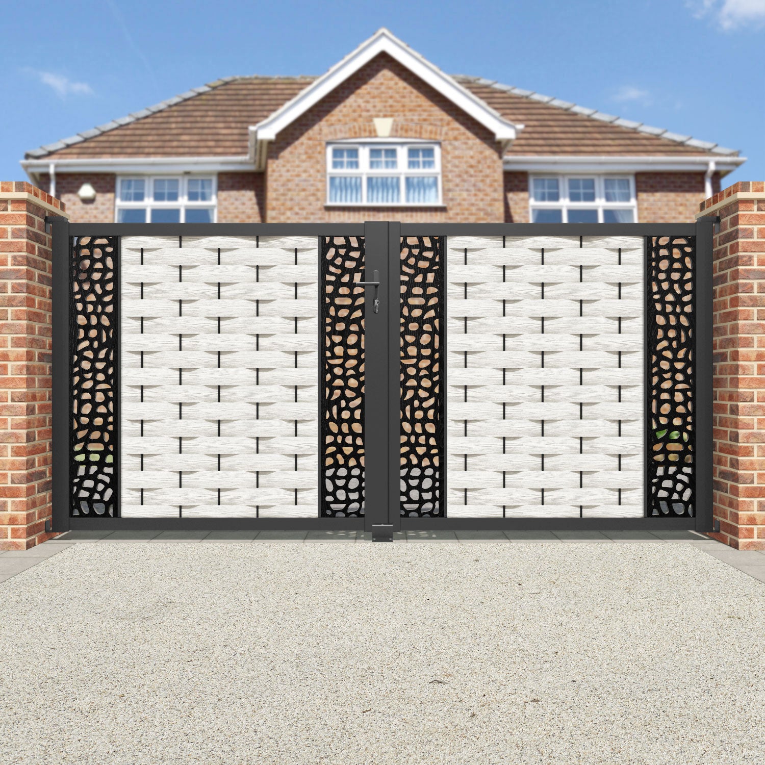 Ripple Pebble Straight Top Driveway Gate - Light Stone - Middle & End Screen