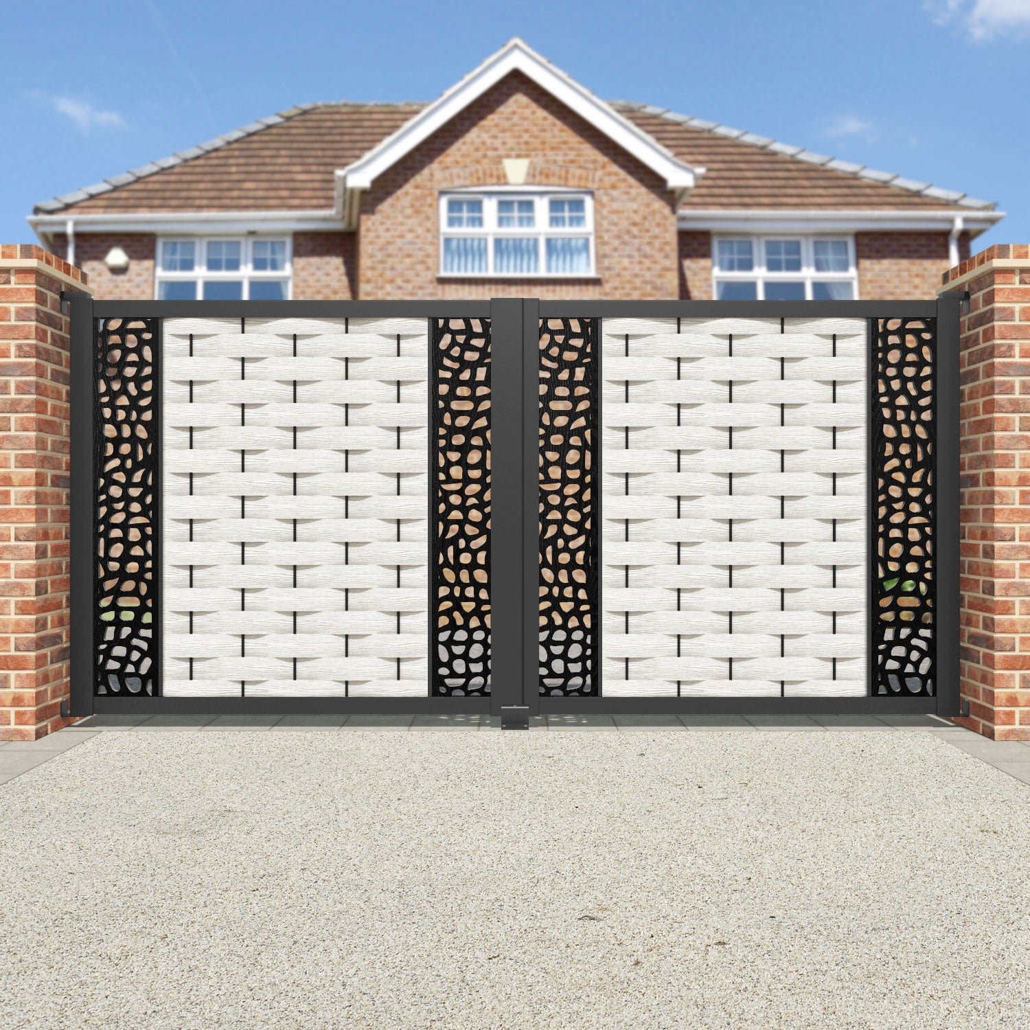 Ripple Pebble Straight Top Driveway Gate - Light Stone - Middle & End Screen