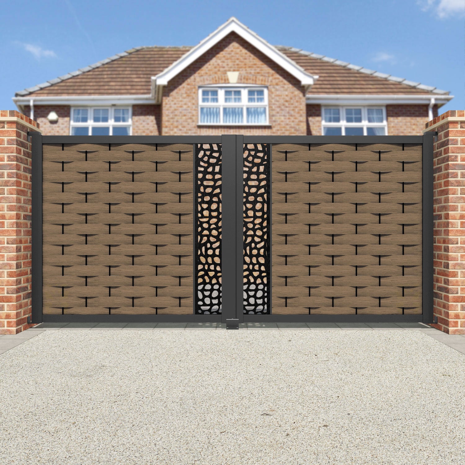 Ripple Pebble Straight Top Driveway Gate - Teak - Middle Screen