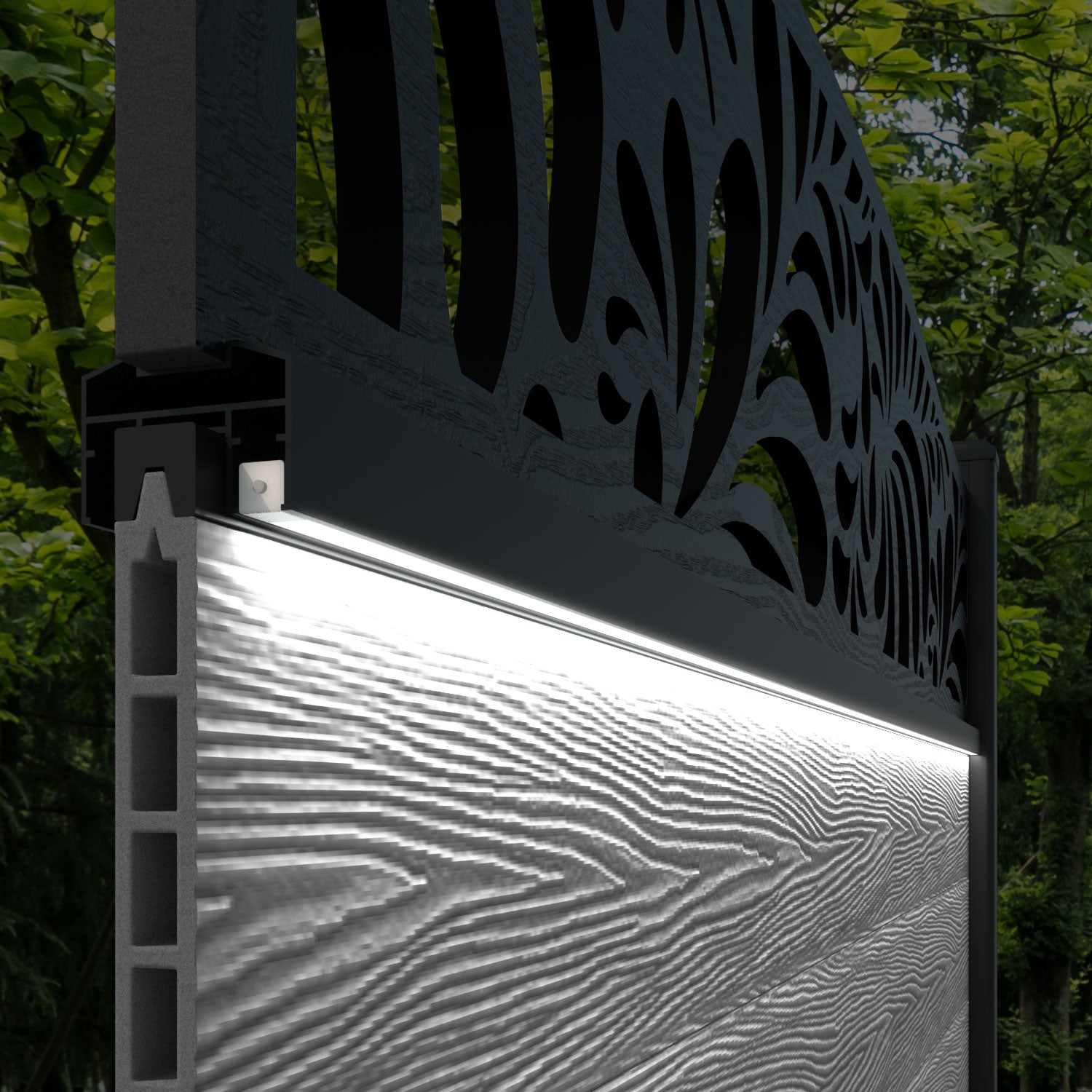 Hudson Petal Curved Top Fence Panel - Mid Brown - with our aluminium posts