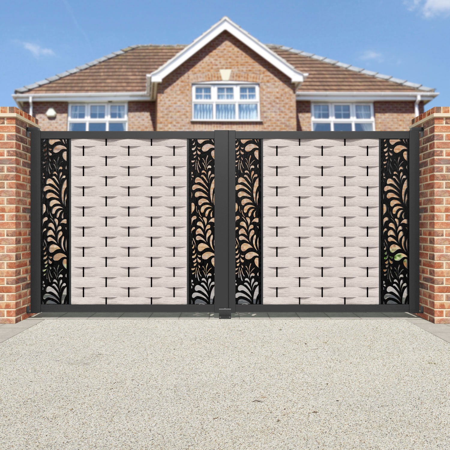 Ripple Petal Straight Top Driveway Gate - Mid Stone - Middle & End Screen