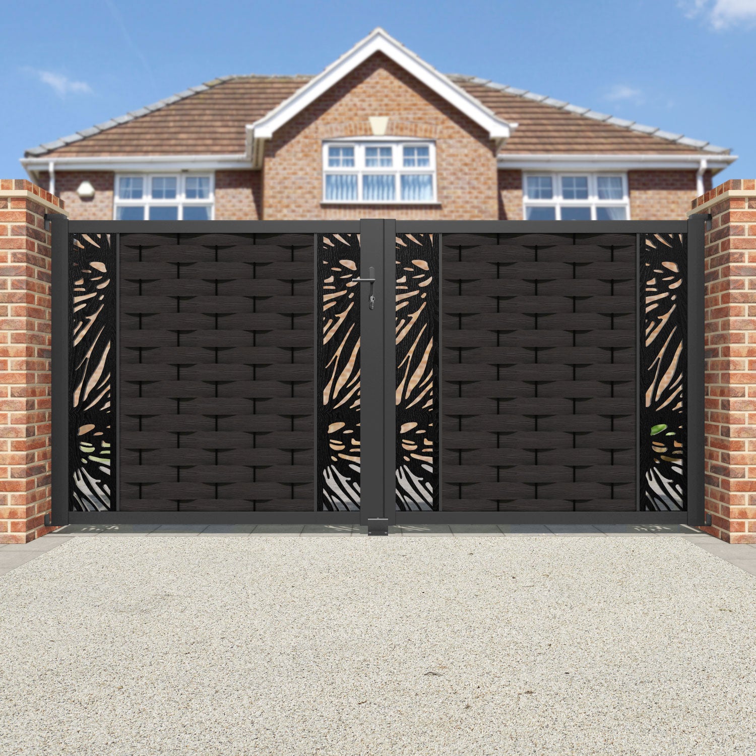 Ripple Poppy Straight Top Driveway Gate - Dark Oak - Middle & End Screen