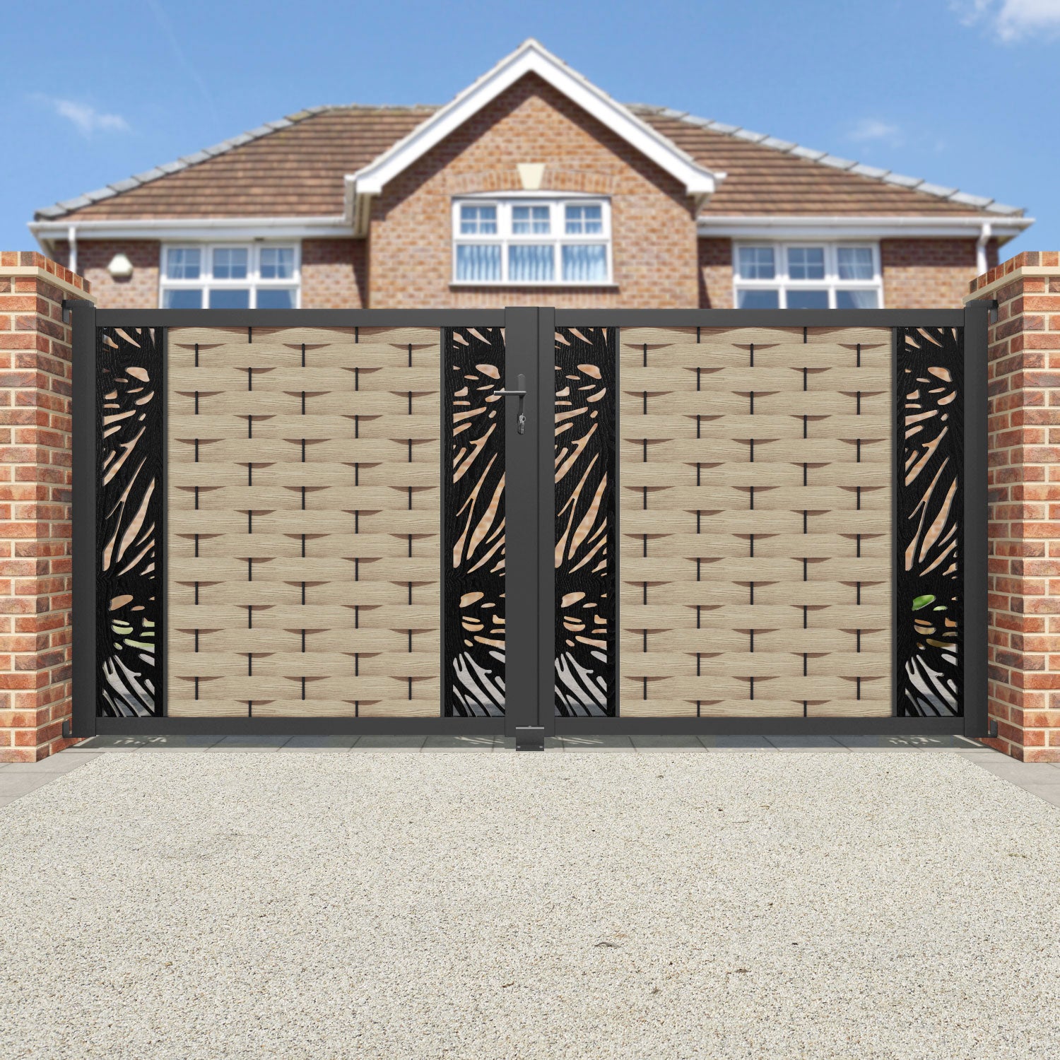 Ripple Poppy Straight Top Driveway Gate - Light Oak - Middle & End Screen