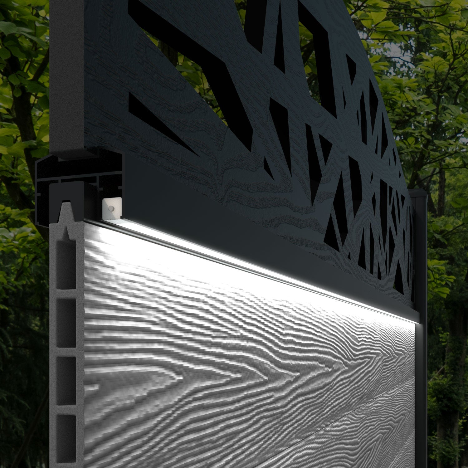 Hudson Prism Curved Top Fence Panel - Mid Grey - with our aluminium posts