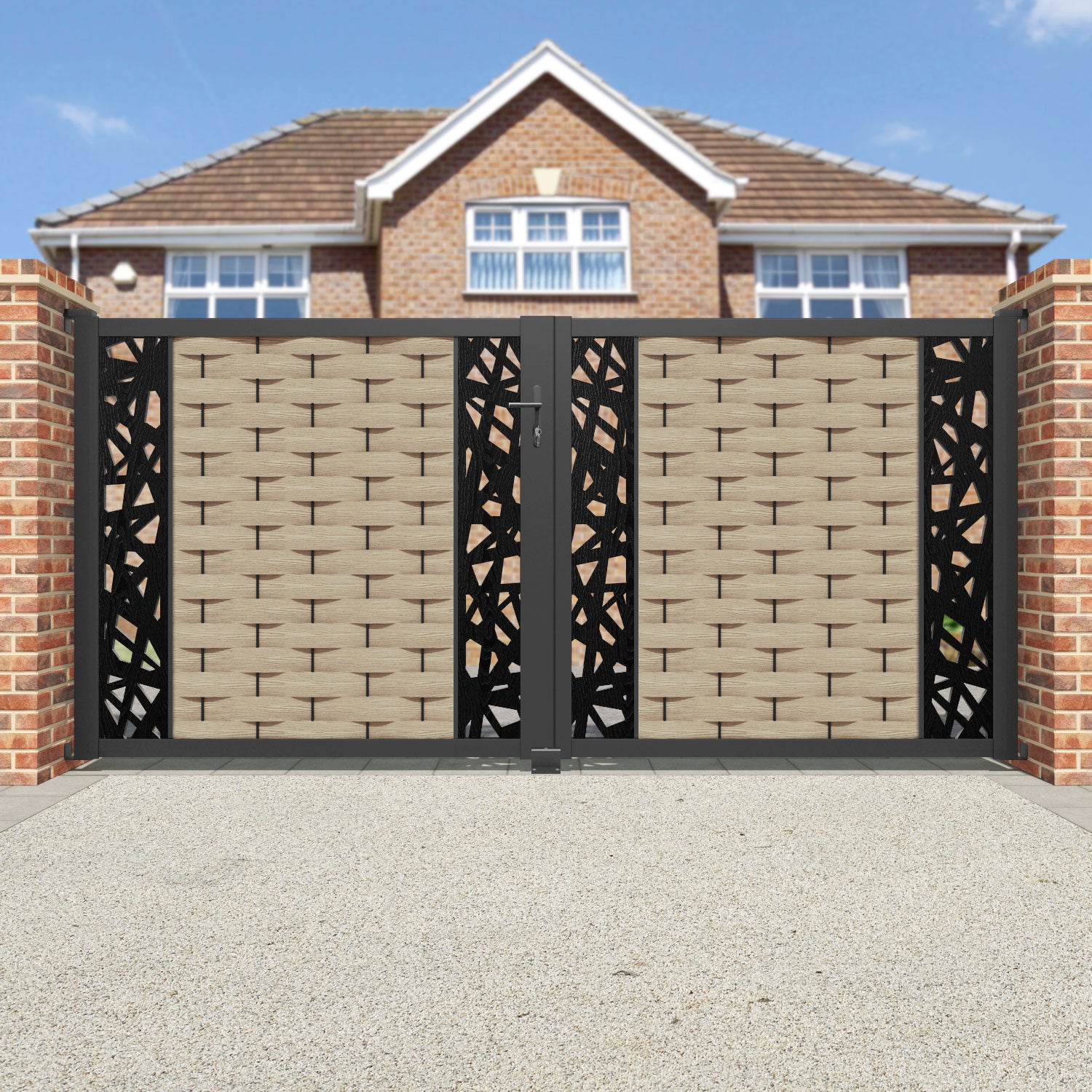 Ripple Prism Straight Top Driveway Gate - Light Oak - Middle & End Screen