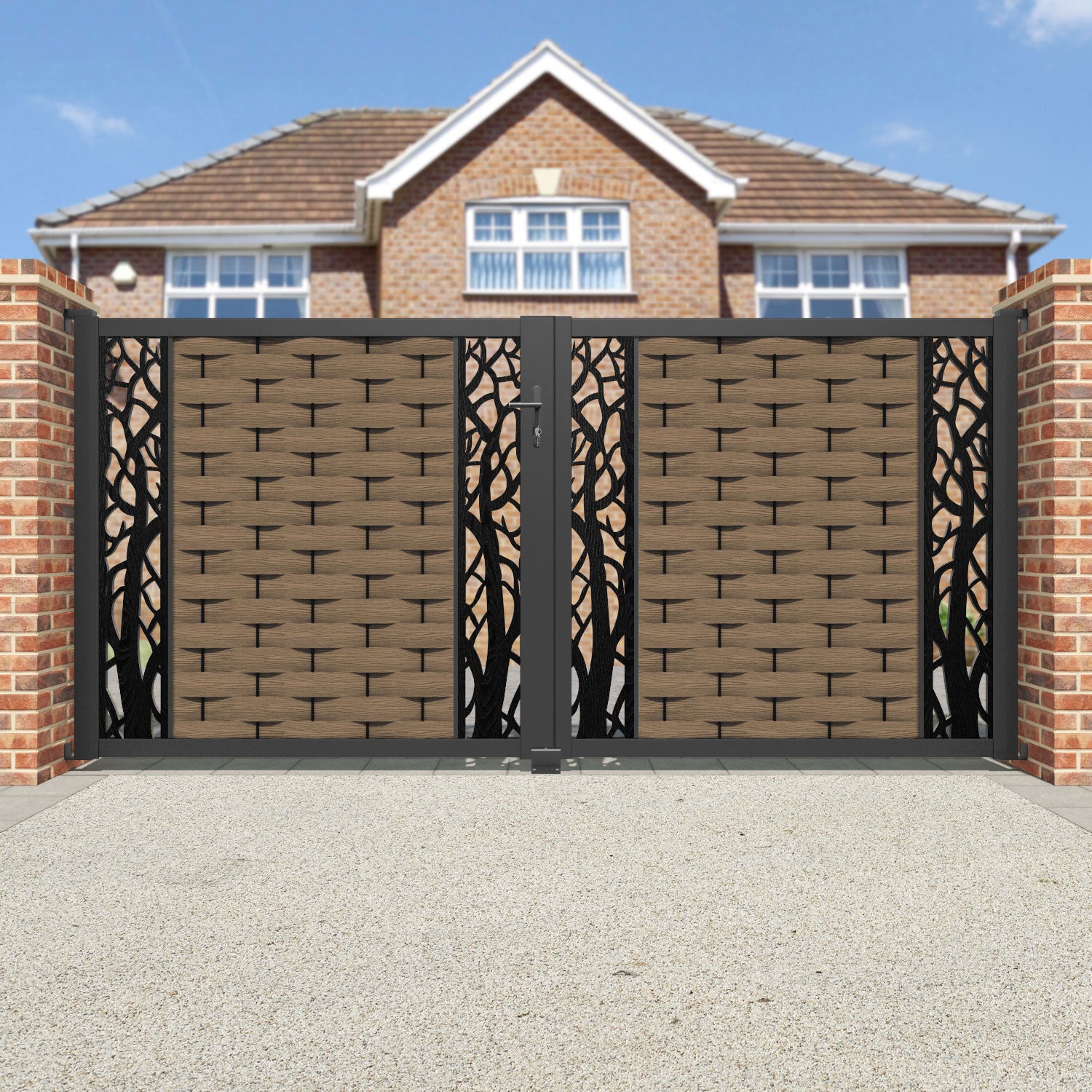 Ripple Twilight Straight Top Driveway Gate - Teak - Middle & End Screen