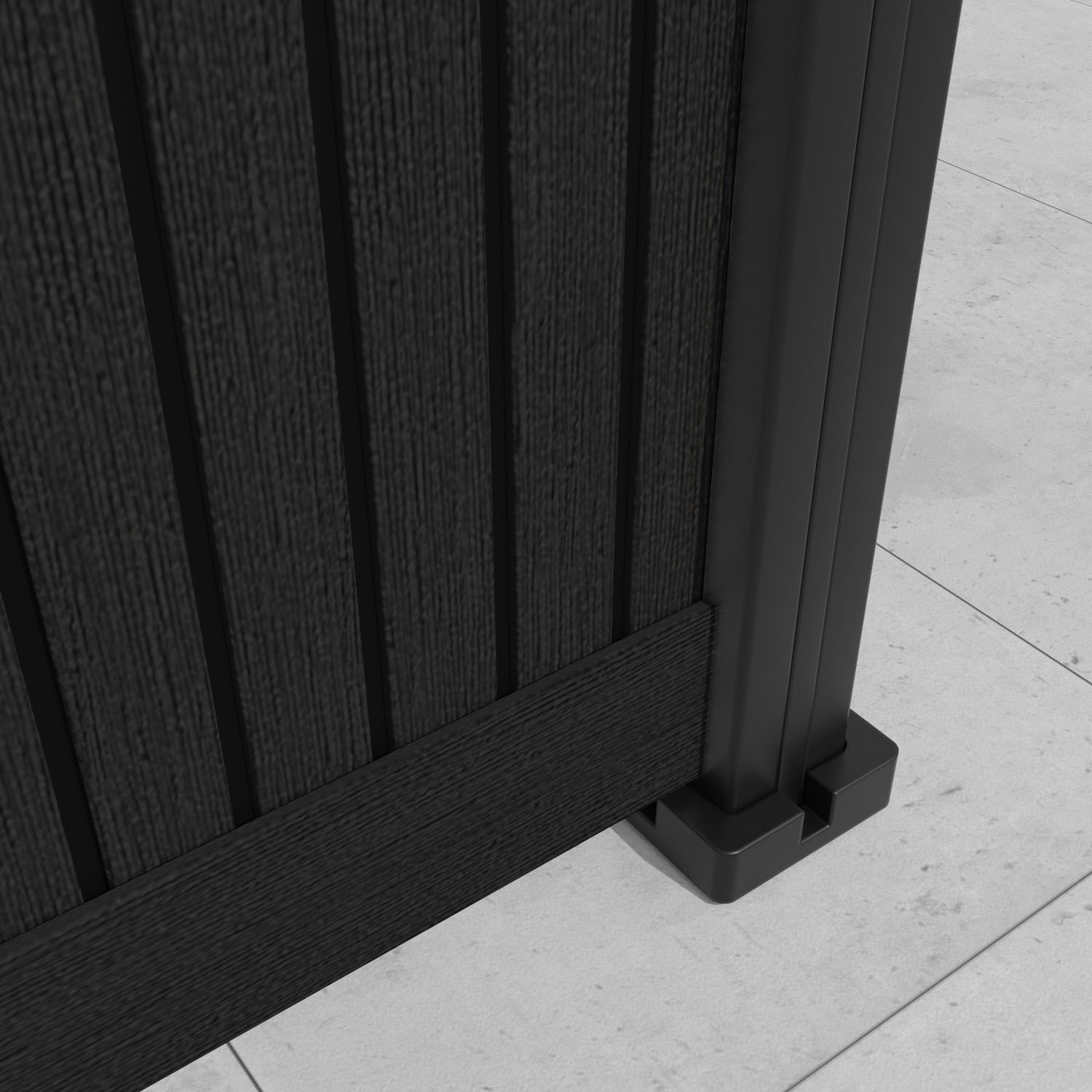 Virtis Plume Curved Top Fence Panel - Black - with our aluminium posts