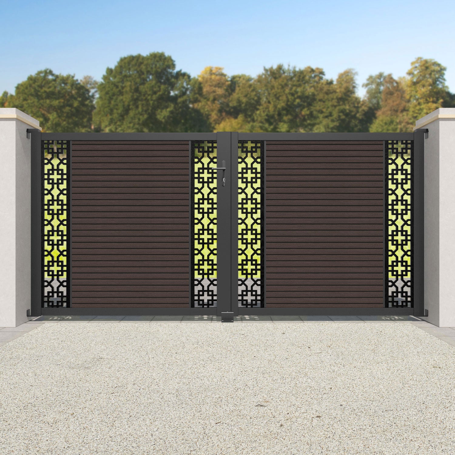 Hudson Zaria Straight Top Driveway Gate - Mid Brown - Middle & End Screen