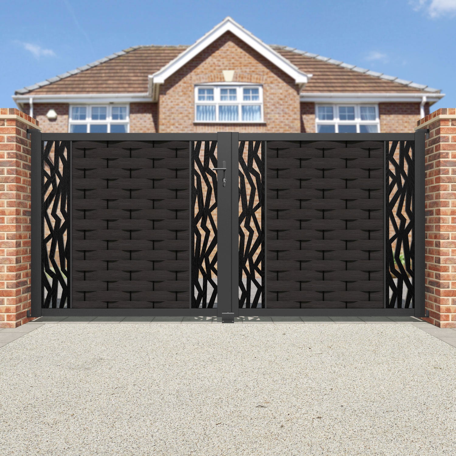 Ripple Zenith Straight Top Driveway Gate - Dark Oak - Middle & End Screen