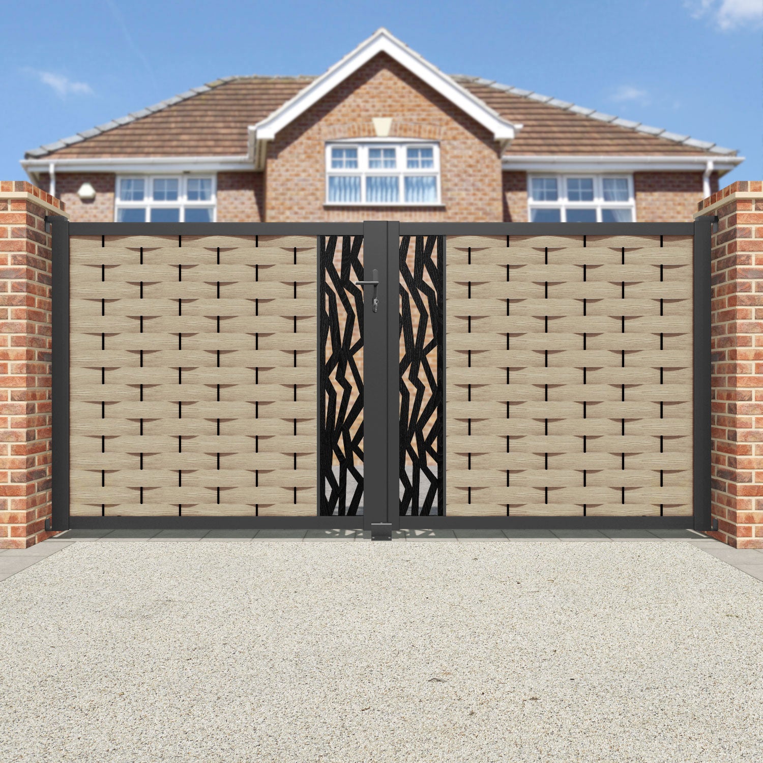 Ripple Zenith Straight Top Driveway Gate - Light Oak - Middle Screen