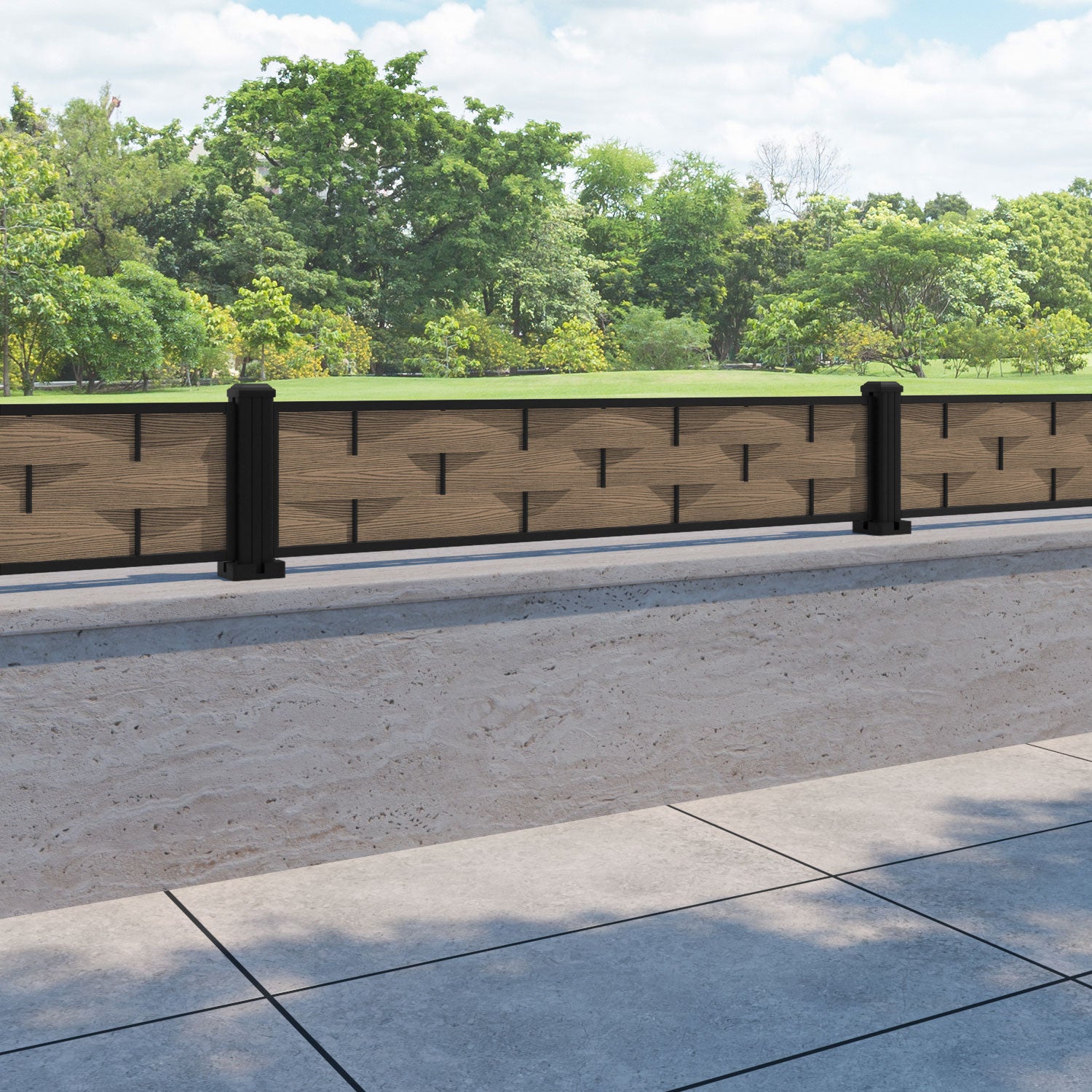 Ripple Fence Panel - Teak - with our aluminium posts