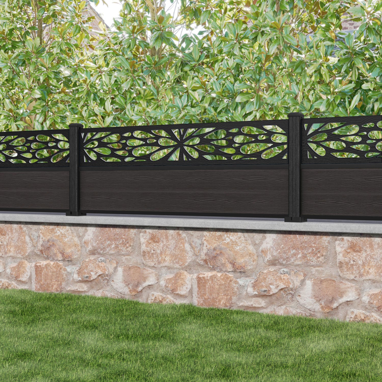 Classic Blossom Fence Panel - Dark Oak - with our composite posts