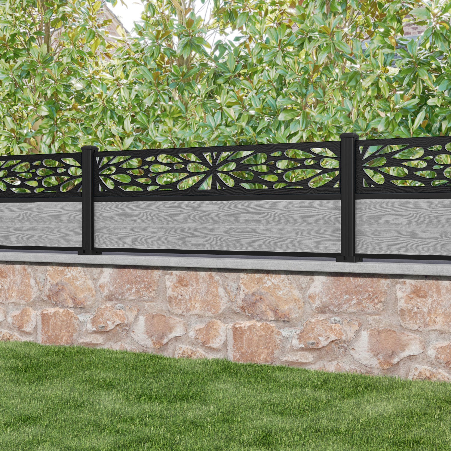 Classic Blossom Fence Panel - Light Grey - with our aluminium posts