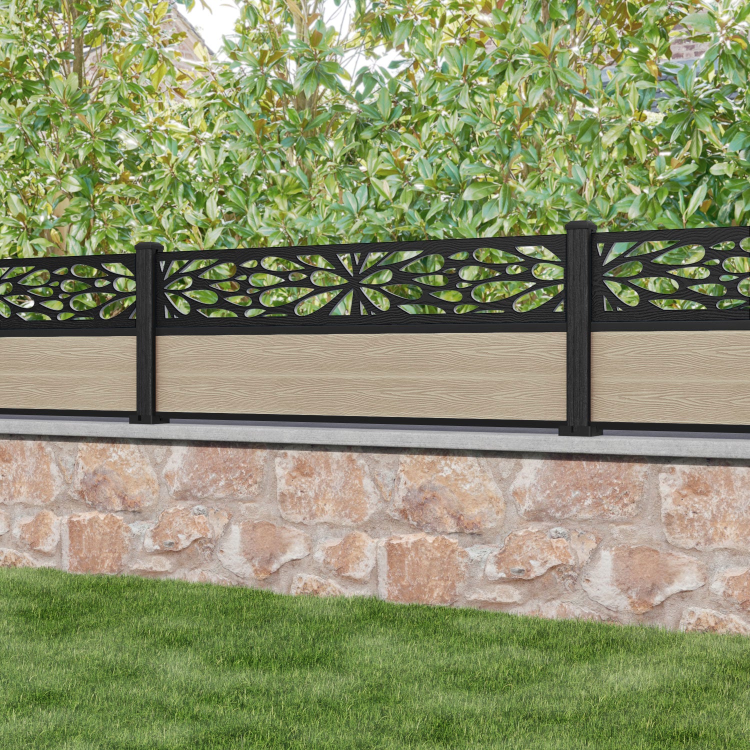 Classic Blossom Fence Panel - Light Oak - with our composite posts