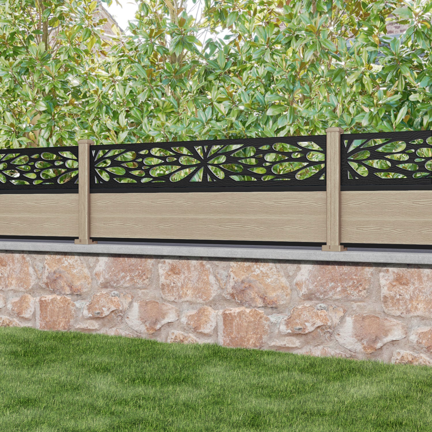 Classic Blossom Fence Panel - Light Oak - with our composite posts