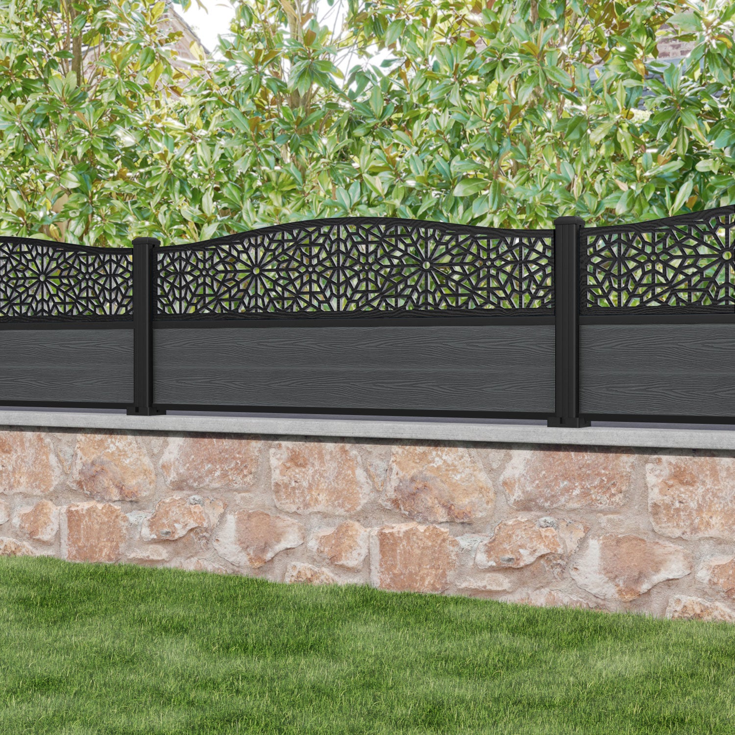 Classic Alnara Curved Top Fence Panel - Dark Grey - with our aluminium posts