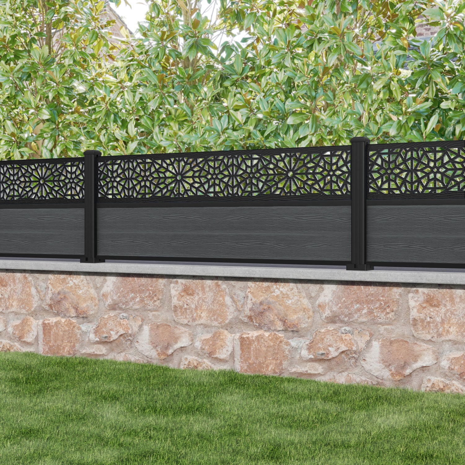 Classic Alnara Fence Panel - Dark Grey - with our aluminium posts