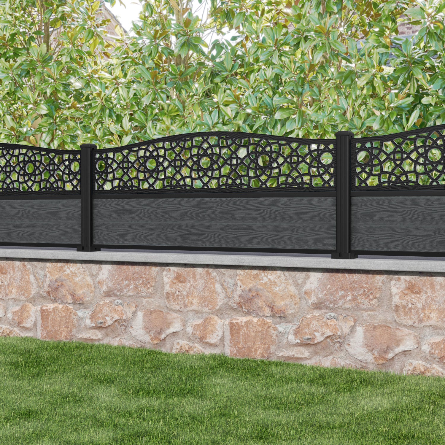 Classic Ambar Curved Top Fence Panel - Dark Grey - with our aluminium posts