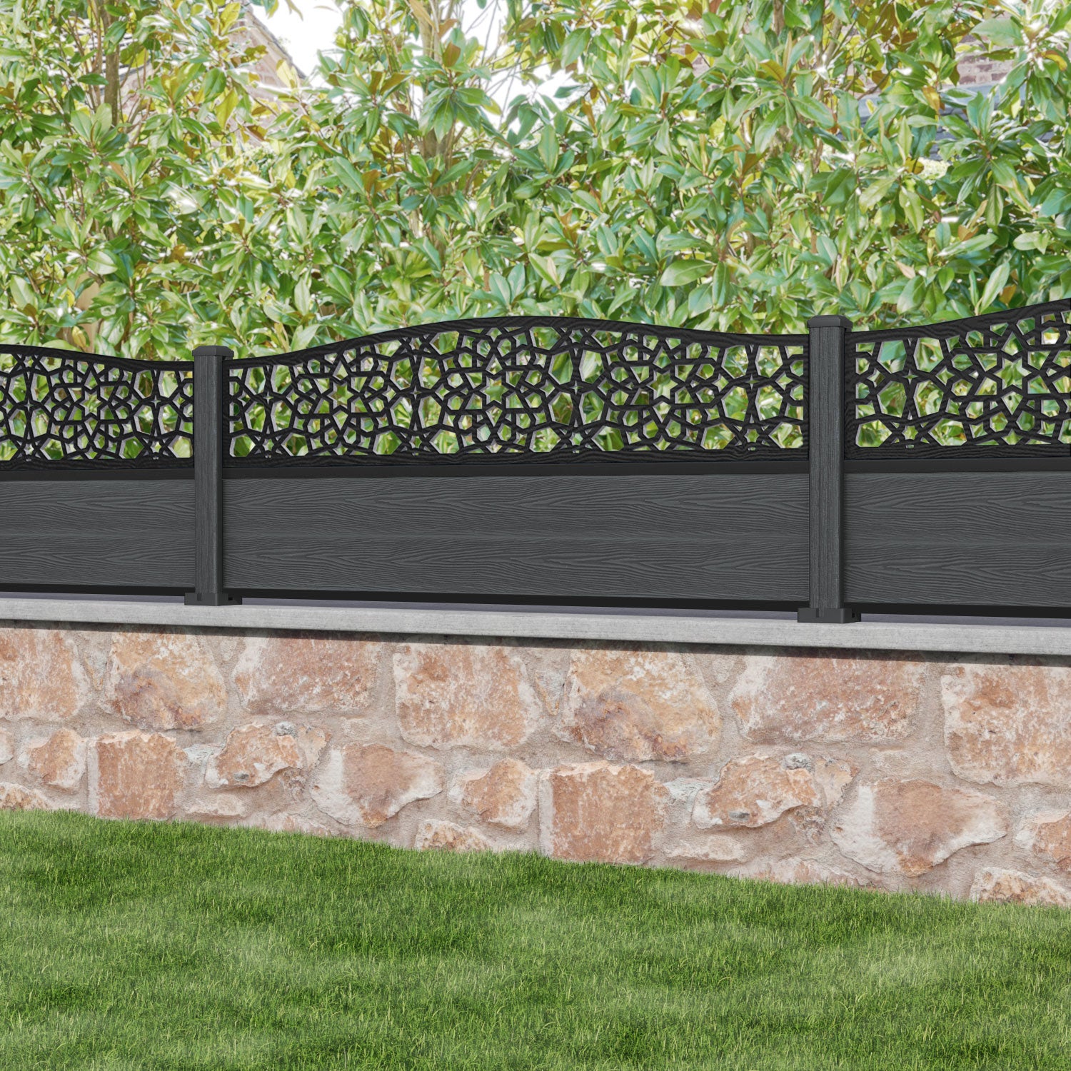 Classic Nazira Curved Top Fence Panel - Dark Grey - with our composite posts