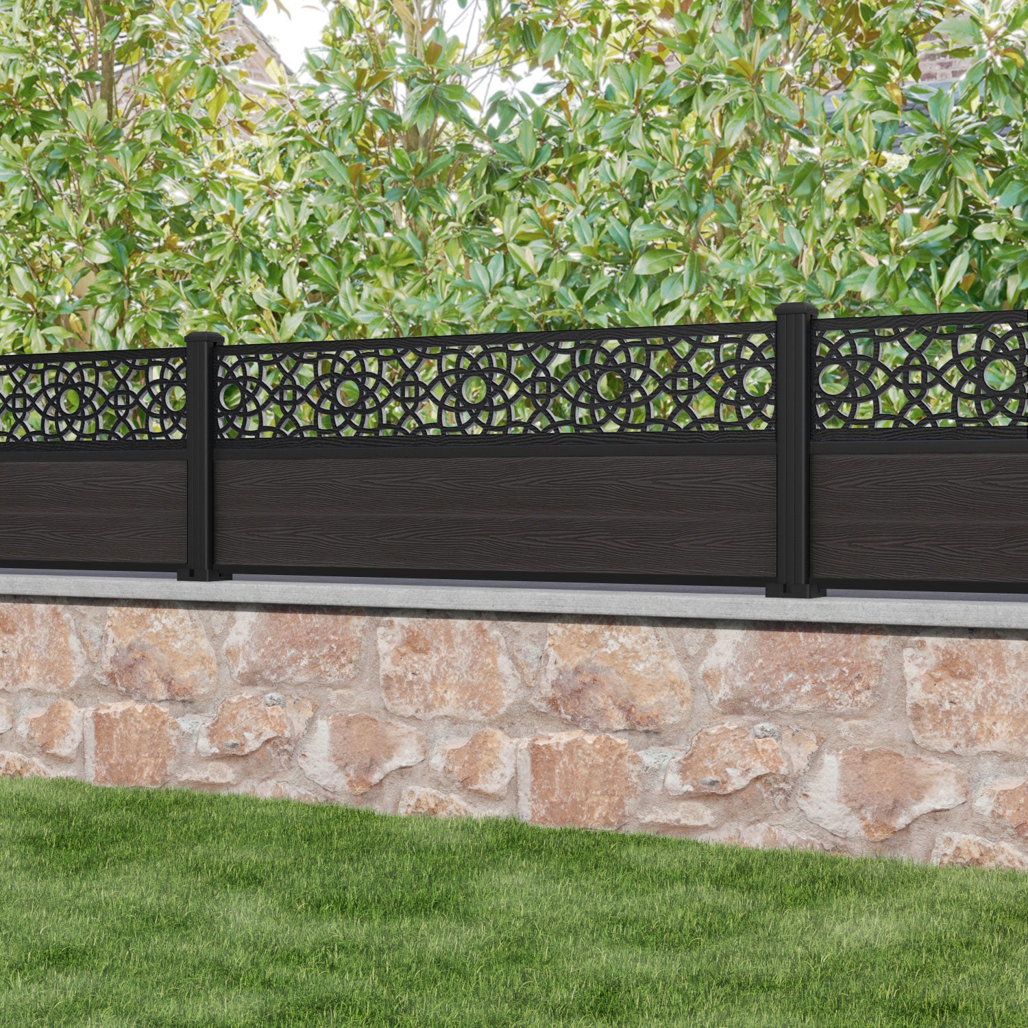 Classic Ambar Fence Panel - Dark Oak - with our aluminium posts