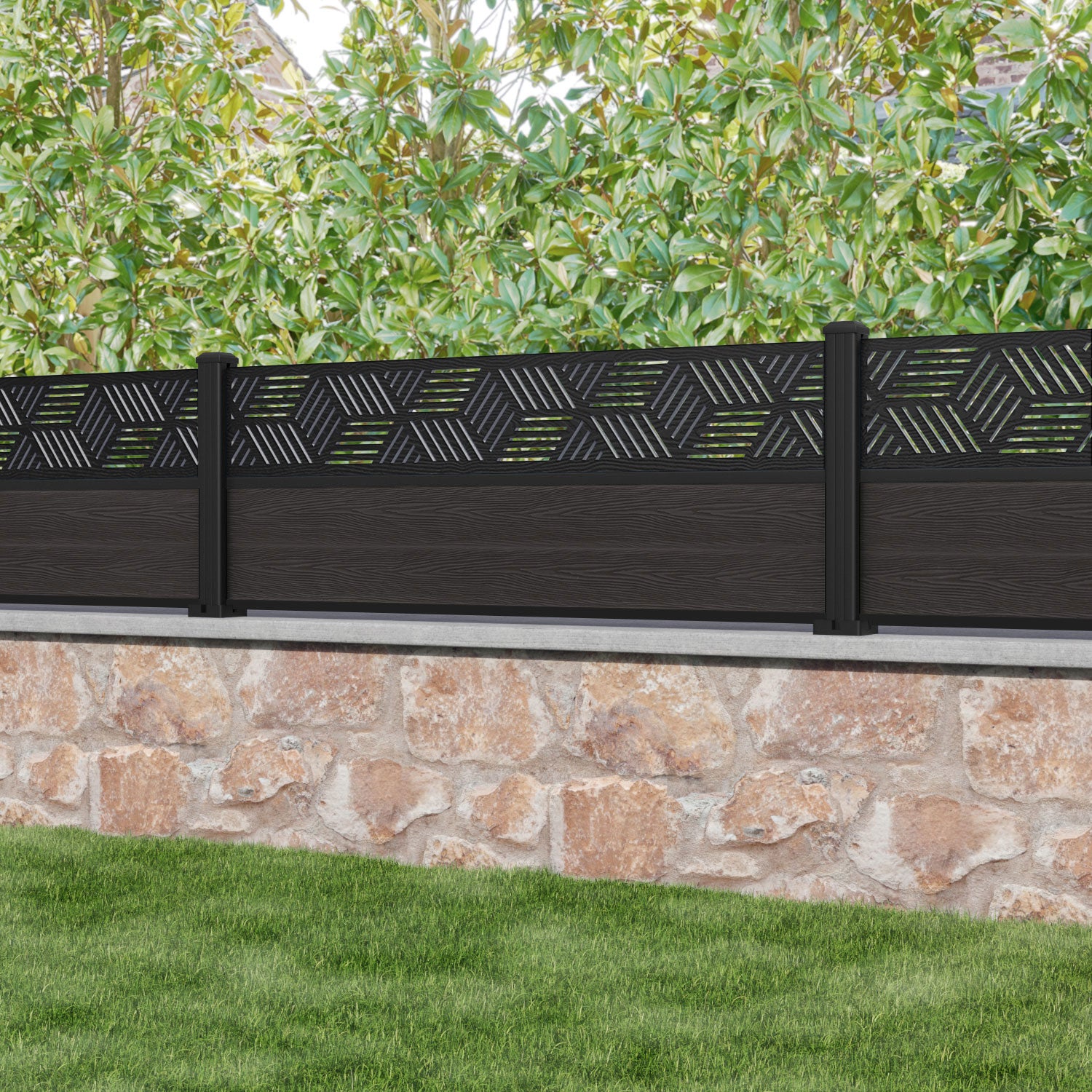 Classic Cubed Fence Panel - Dark Oak - with our aluminium posts