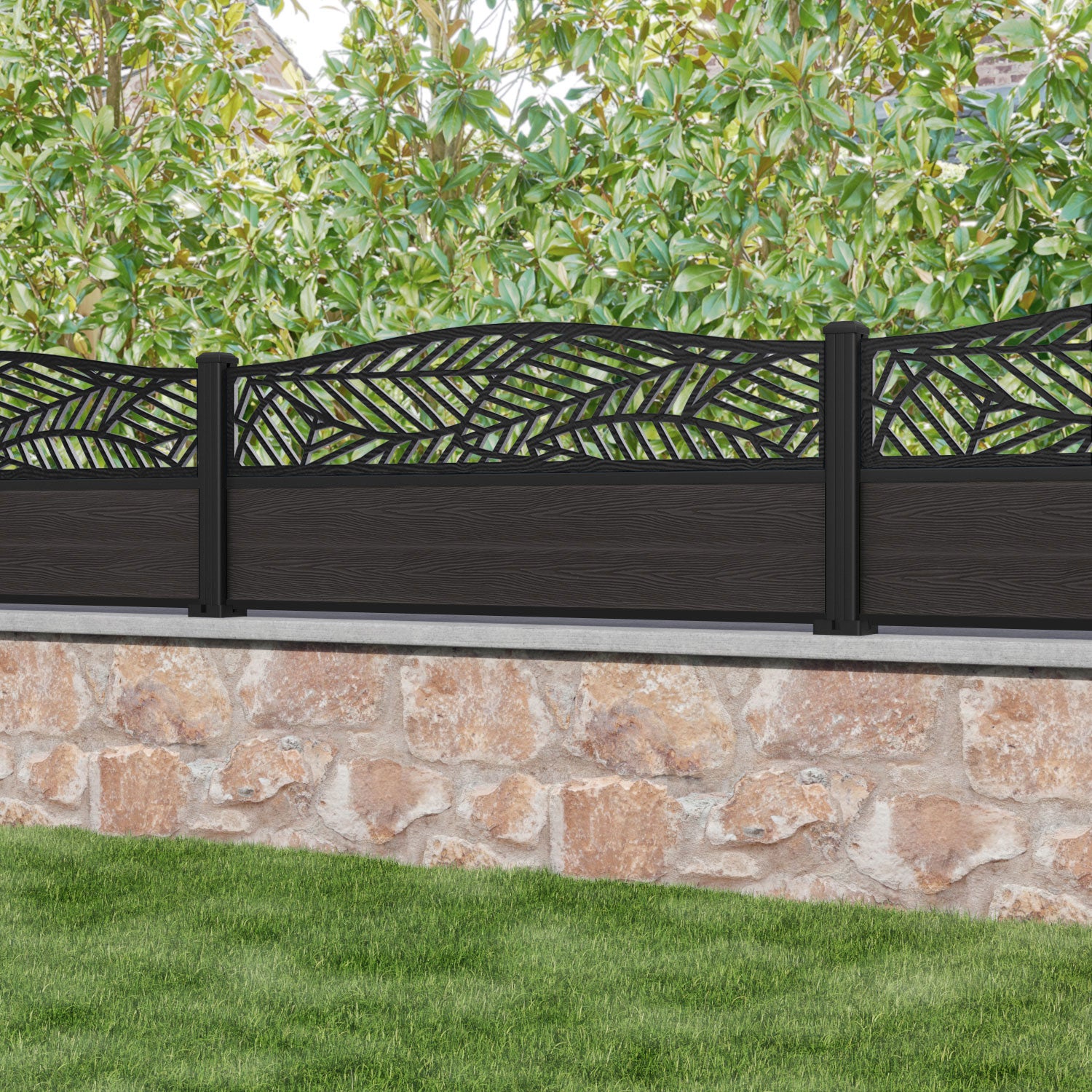Classic Habitat Curved Top Fence Panel - Dark Oak - with our aluminium posts