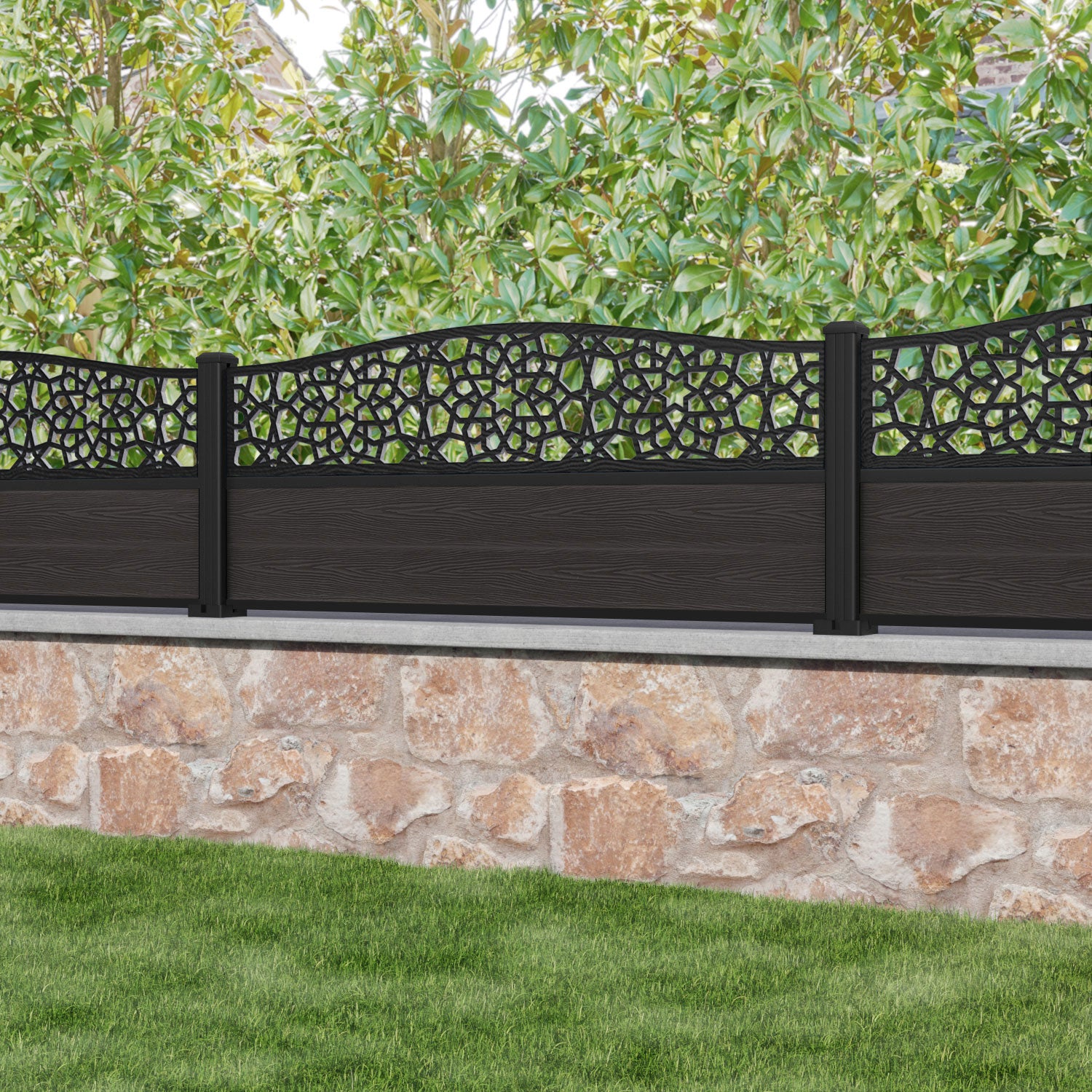 Classic Nazira Curved Top Fence Panel - Dark Oak - with our aluminium posts