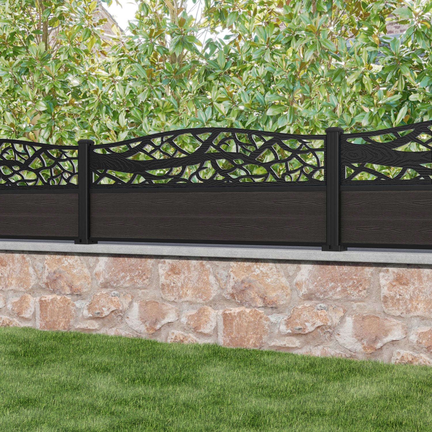 Classic Twilight Curved Top Fence Panel - Dark Oak - with our aluminium posts