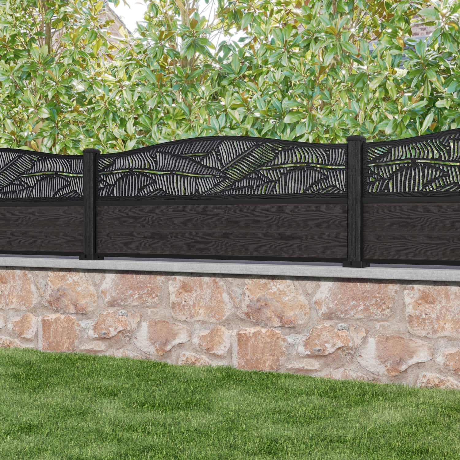 Classic Feather Curved Top Fence Panel - Dark Oak - with our composite posts