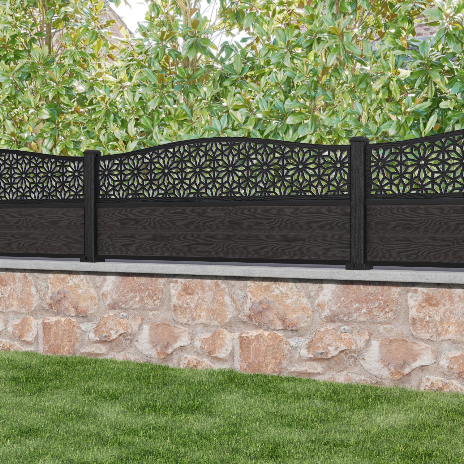 Classic Narwa Curved Top Fence Panel - Dark Oak - with our composite posts