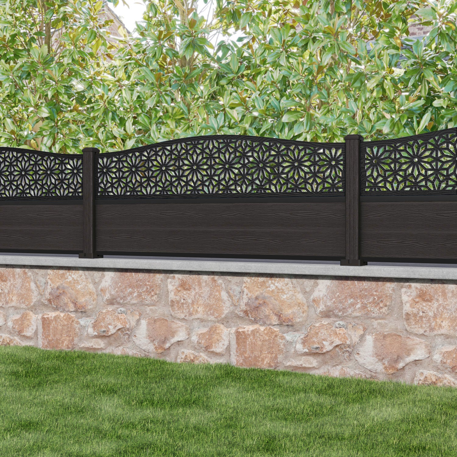 Classic Narwa Curved Top Fence Panel - Dark Oak - with our composite posts