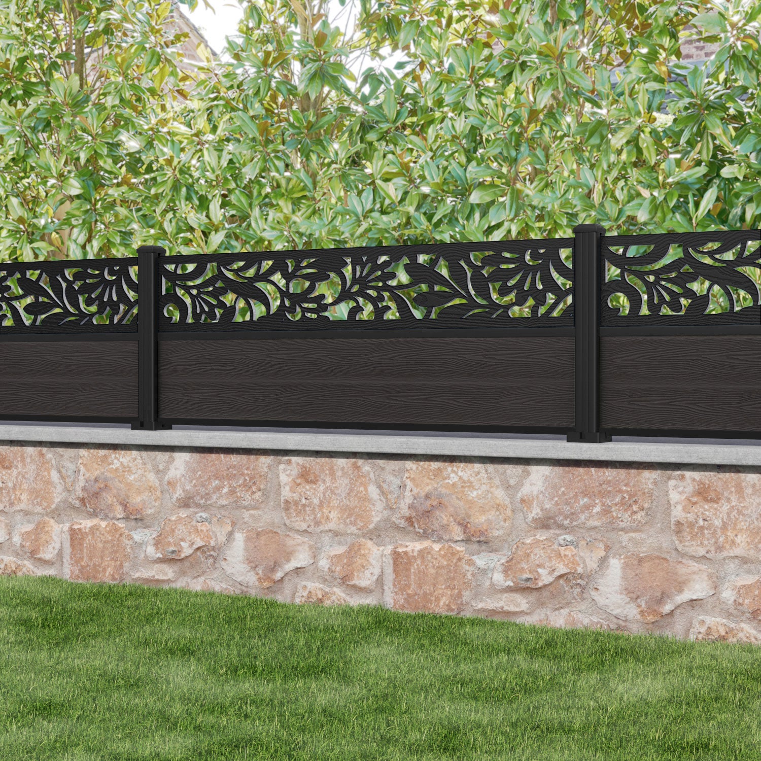 Classic Heritage Fence Panel - Dark Oak - with our aluminium posts