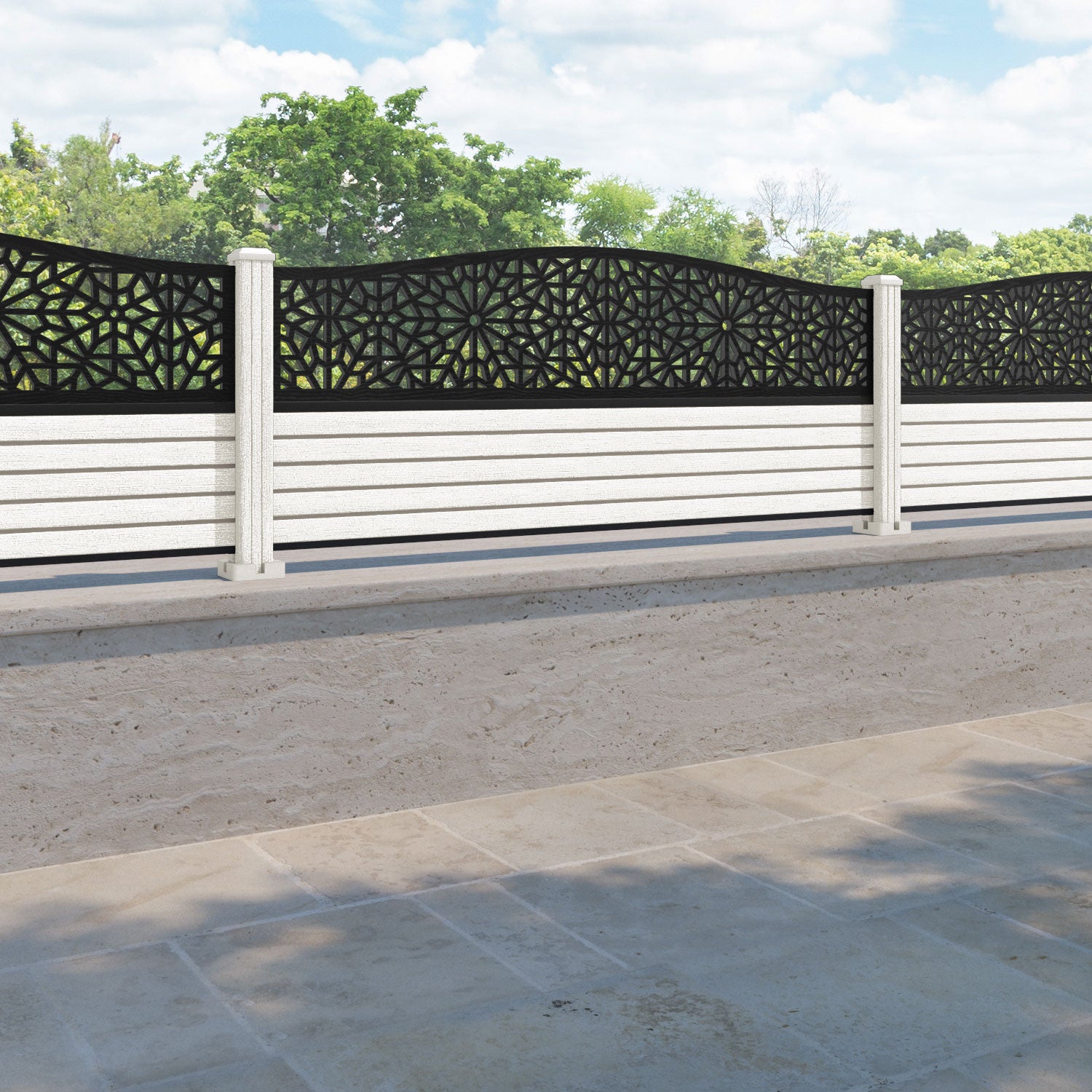 Hudson Alnara Curved Top Fence Panel - Light Stone - with our composite posts