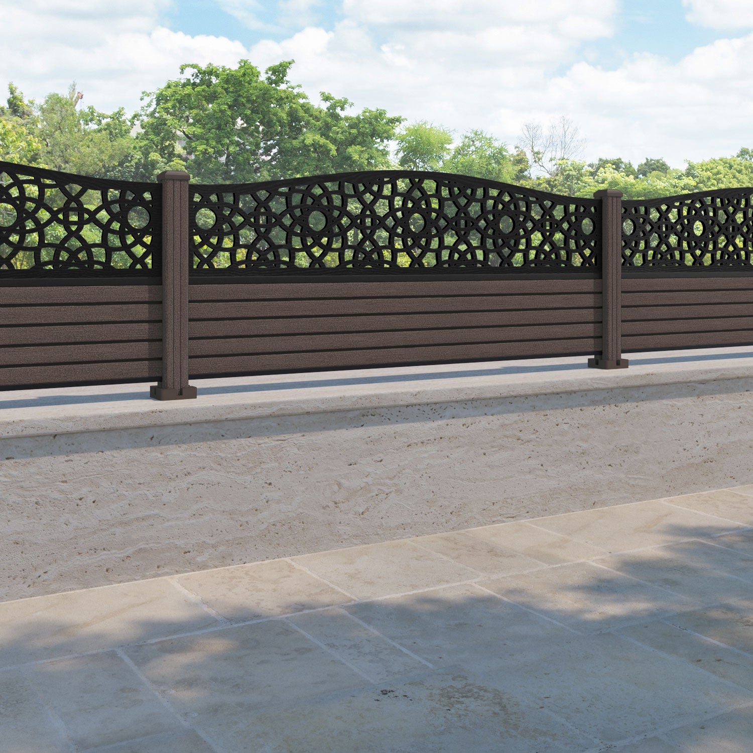 Hudson Ambar Curved Top Fence Panel - Mid Brown - with our composite posts