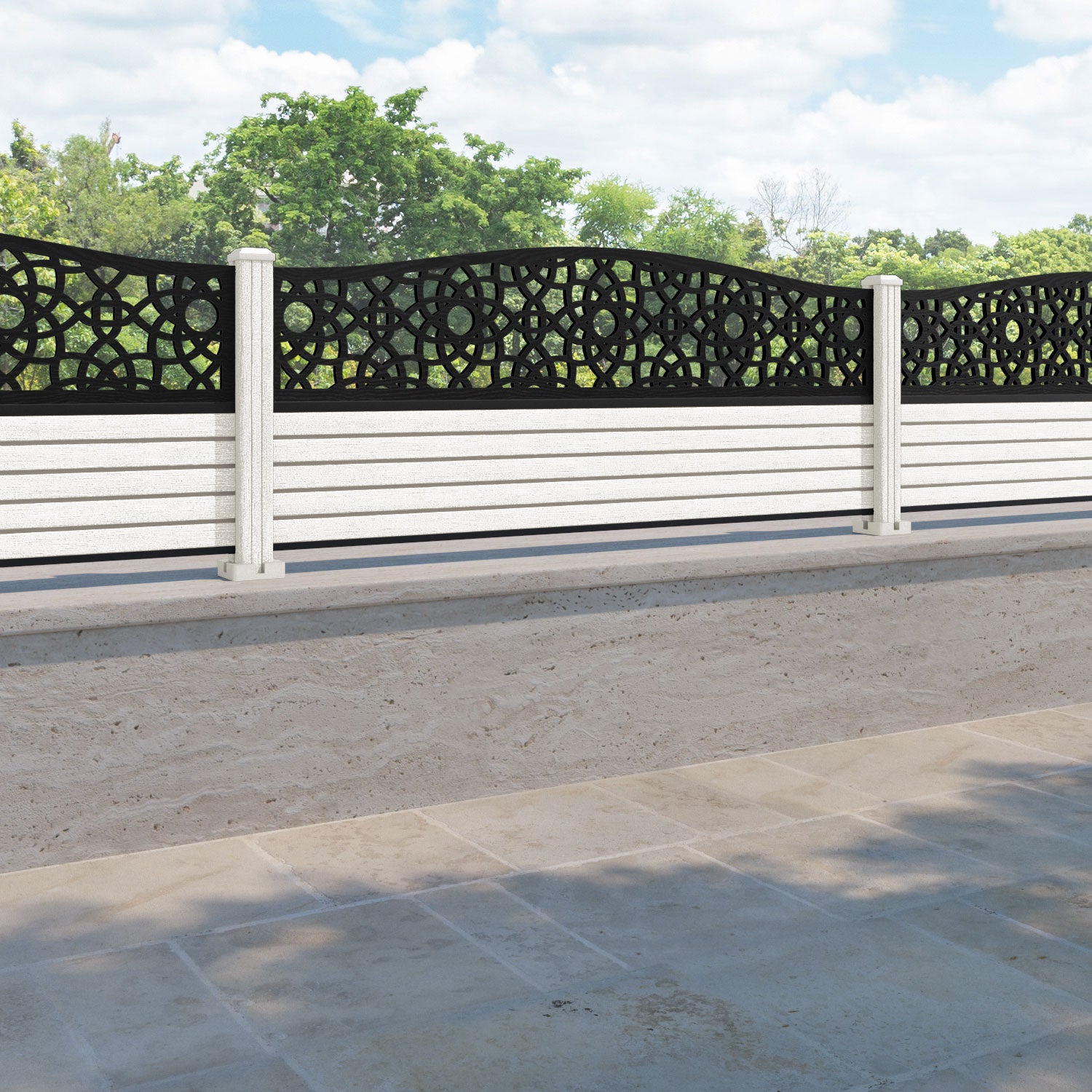 Hudson Ambar Curved Top Fence Panel - Light Stone - with our composite posts