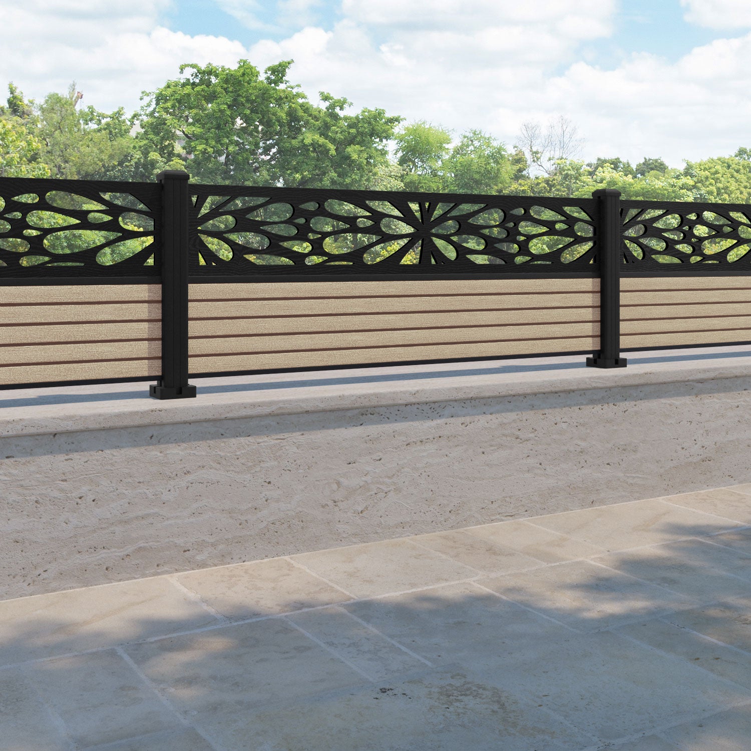 Hudson Blossom Fence Panel - Light Oak - with our aluminium posts