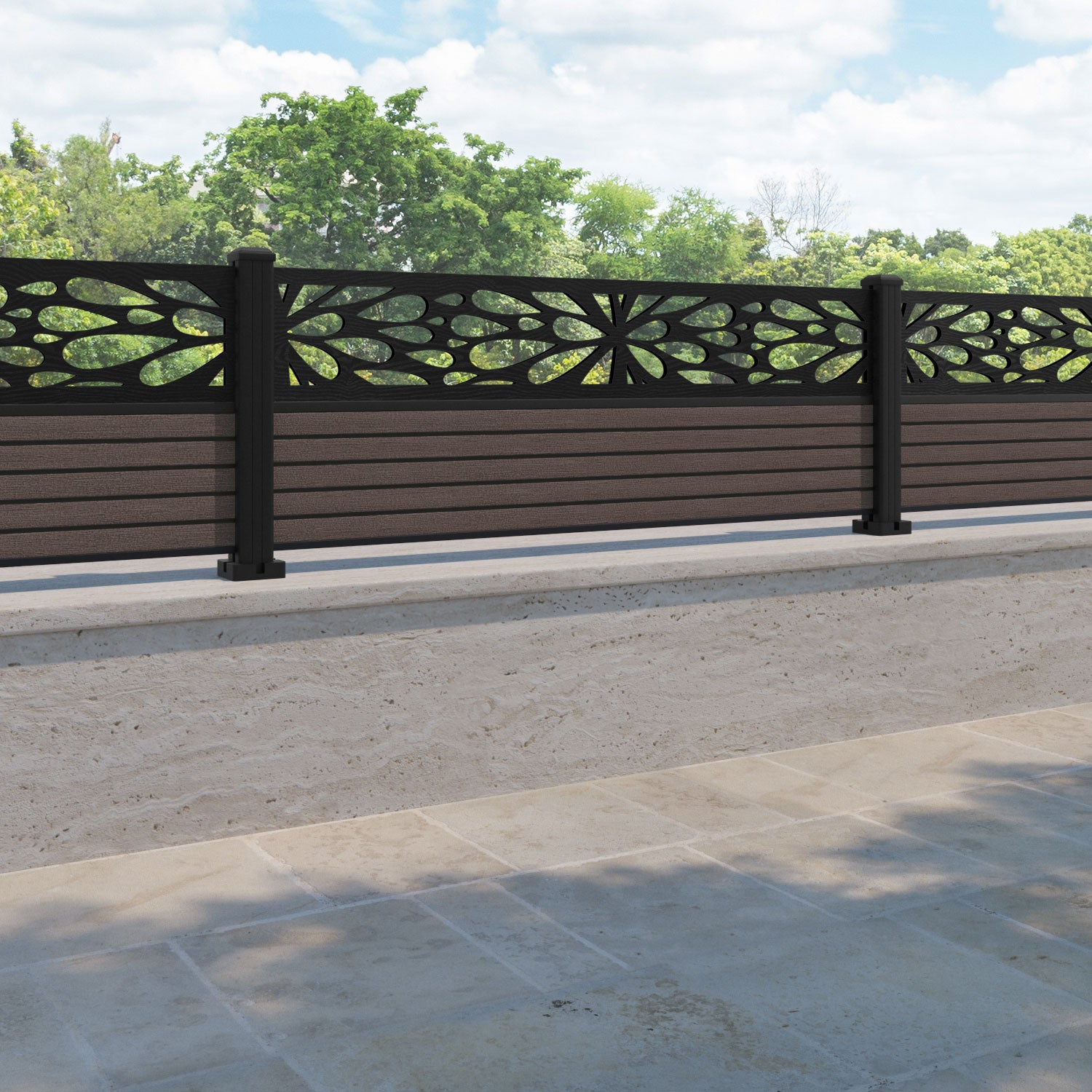 Hudson Blossom Fence Panel - Mid Brown - with our aluminium posts