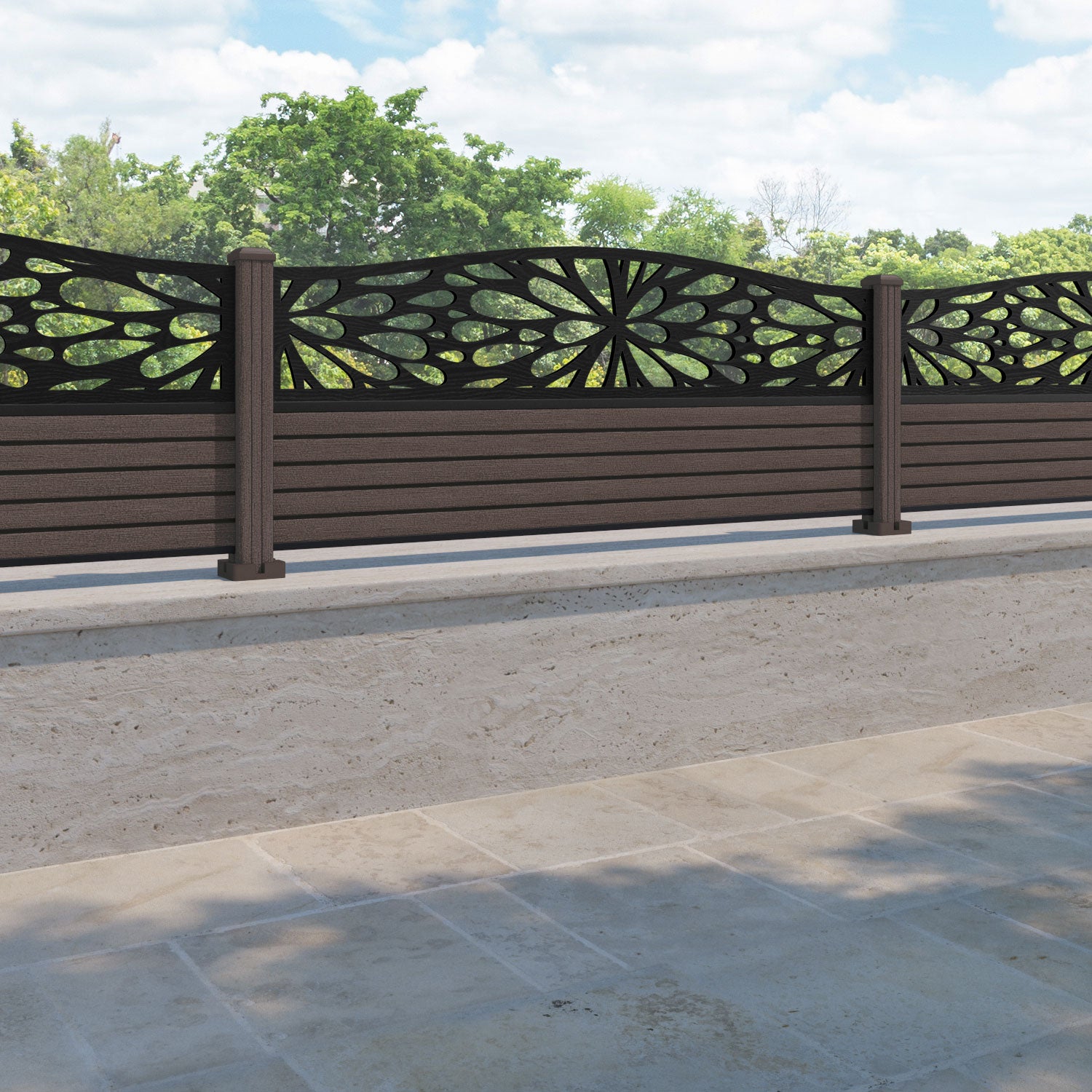 Hudson Blossom Curved Top Fence Panel - Mid Brown - with our composite posts