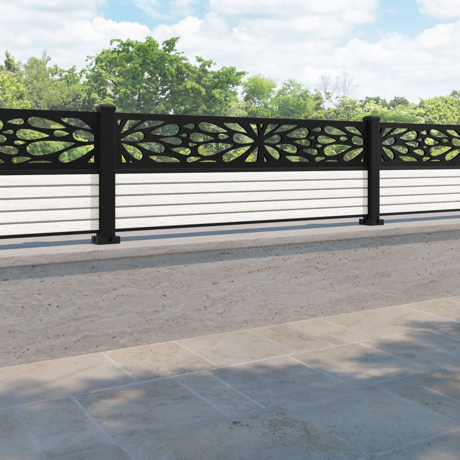 Hudson Blossom Fence Panel - Light Stone - with our aluminium posts