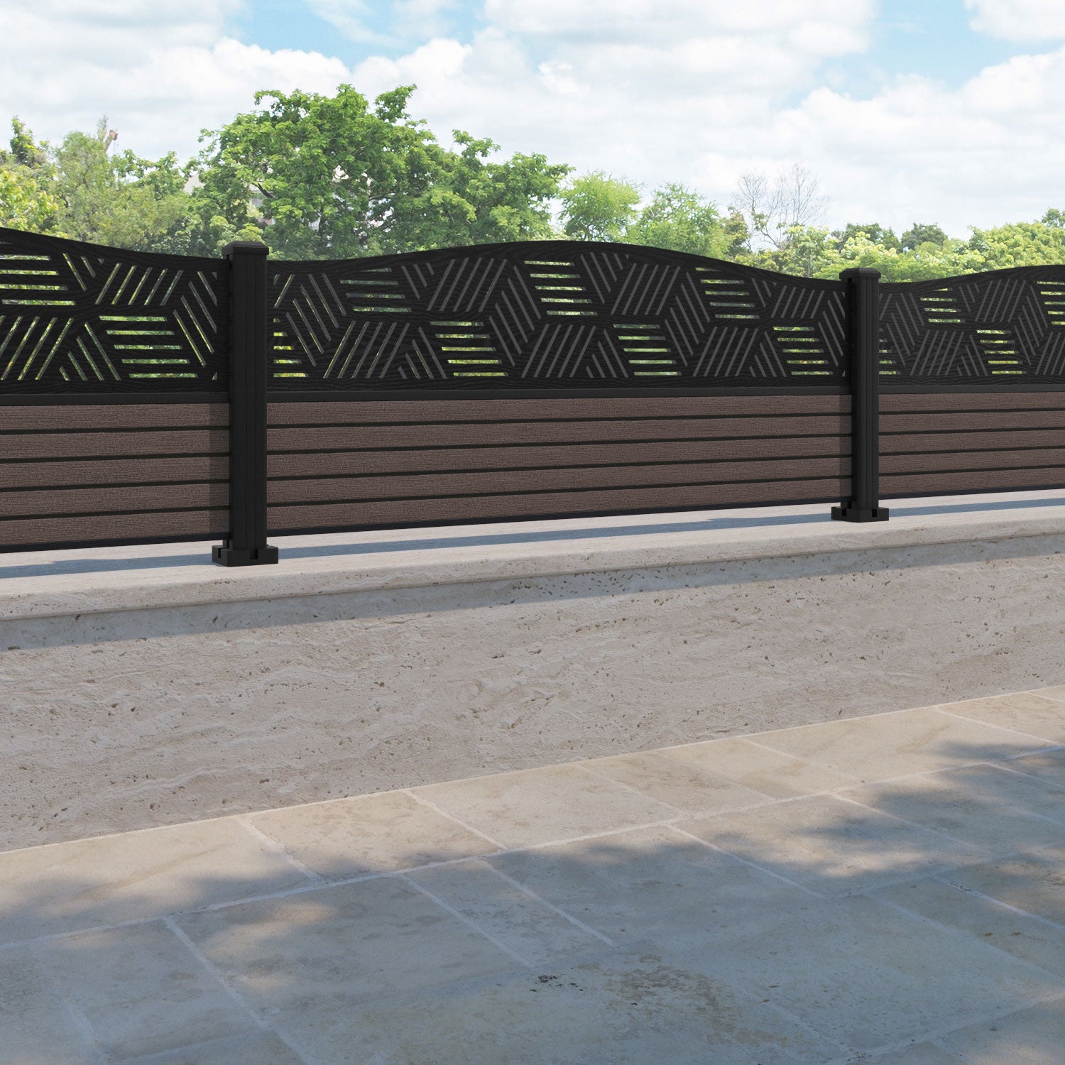Hudson Cubed Curved Top Fence Panel - Mid Brown - with our aluminium posts