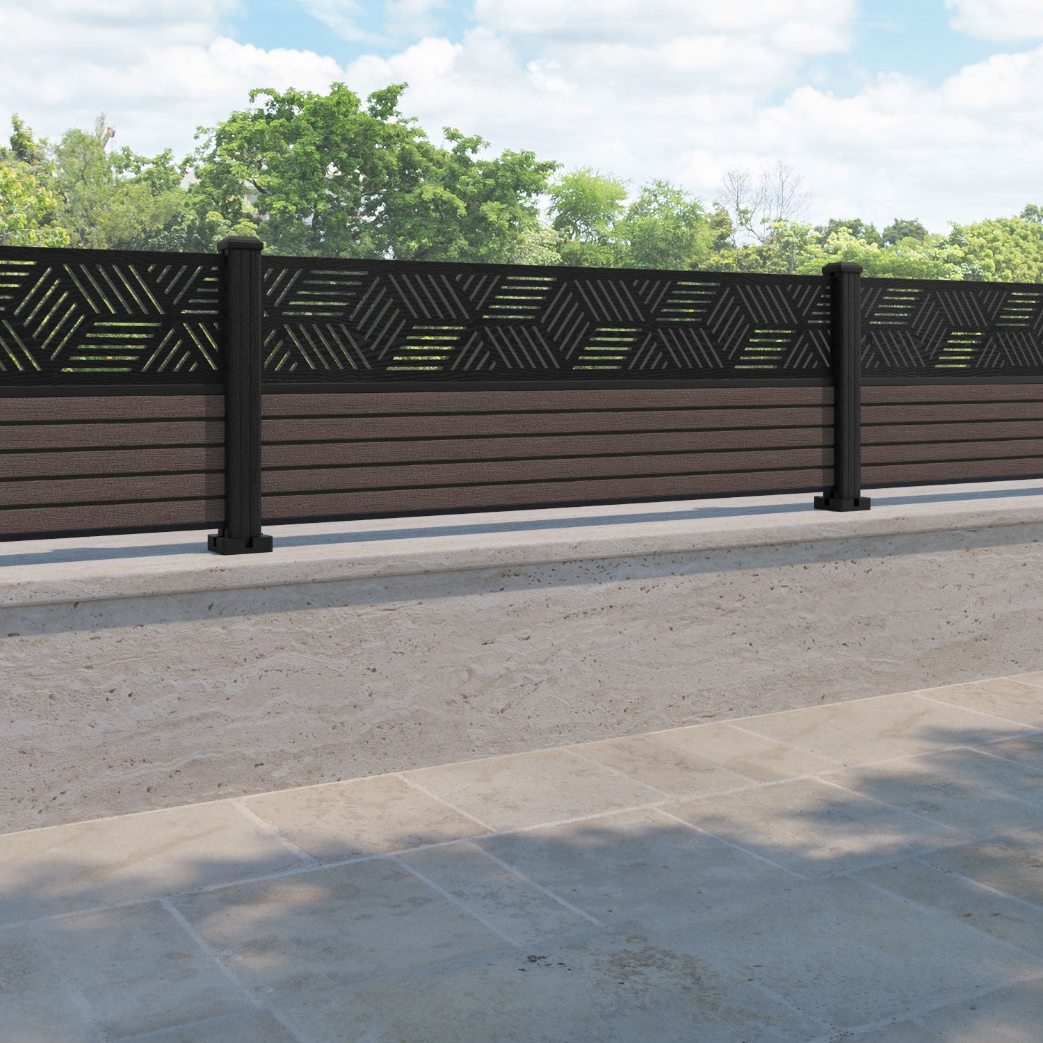 Hudson Cubed Fence Panel - Mid Brown - with our composite posts