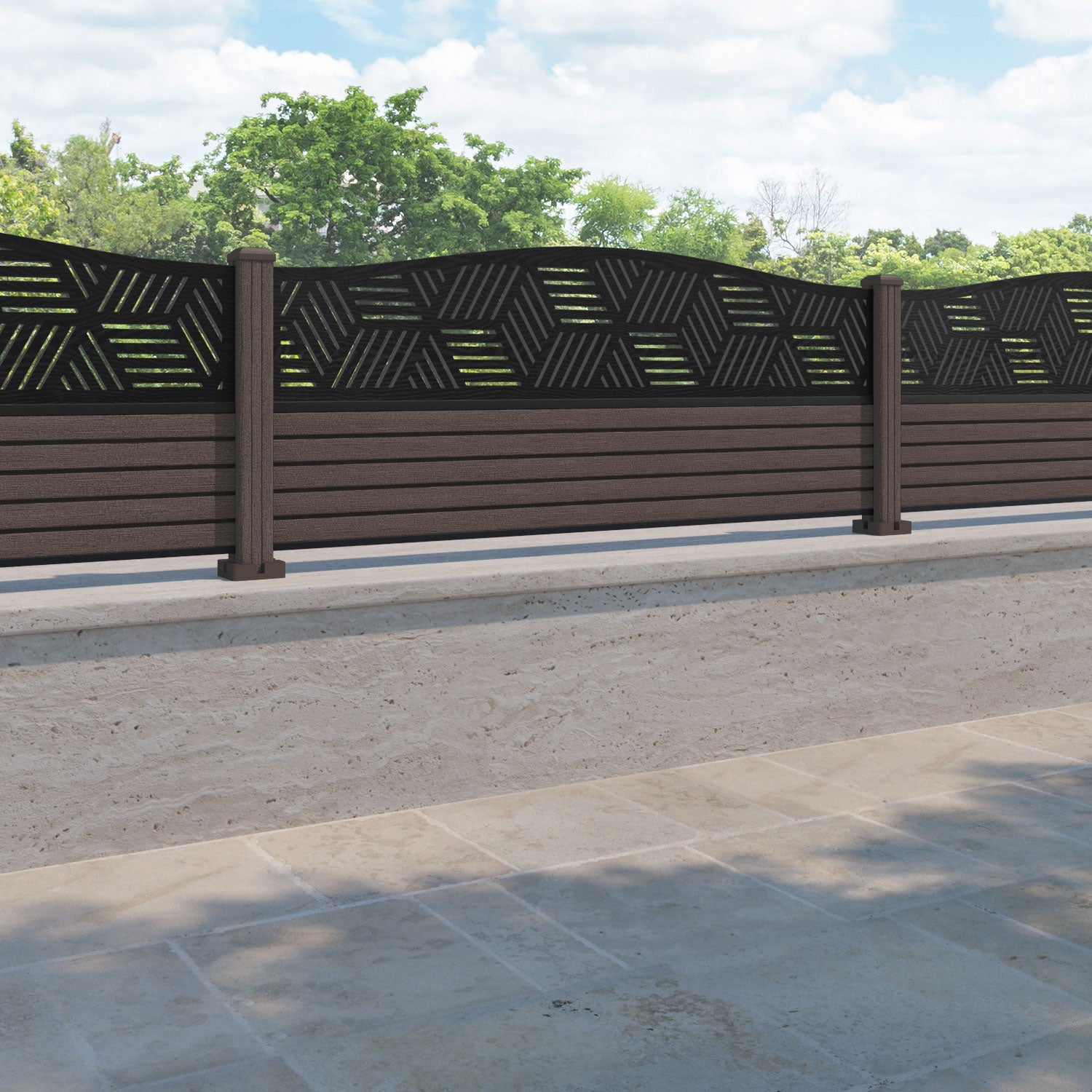 Hudson Cubed Curved Top Fence Panel - Mid Brown - with our composite posts