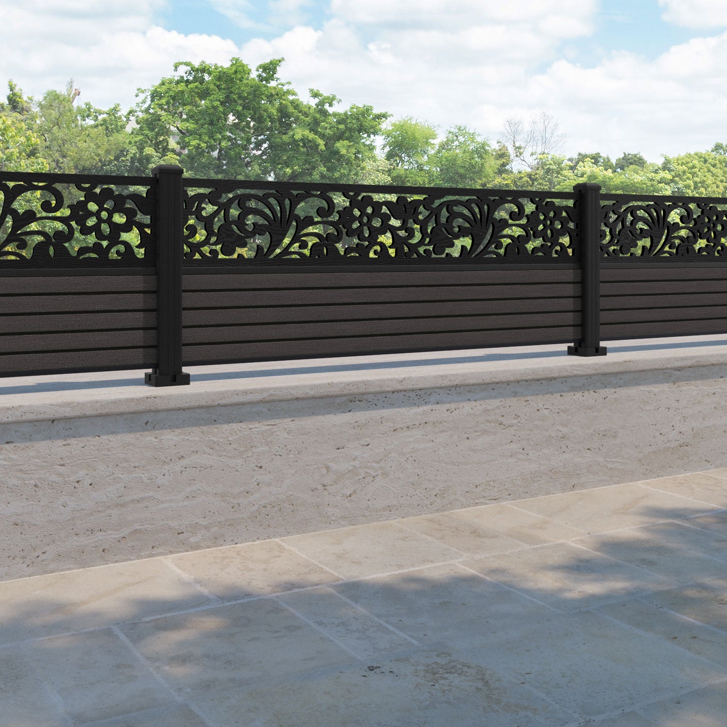 Hudson Eden Fence Panel - Dark Oak - with our aluminium posts