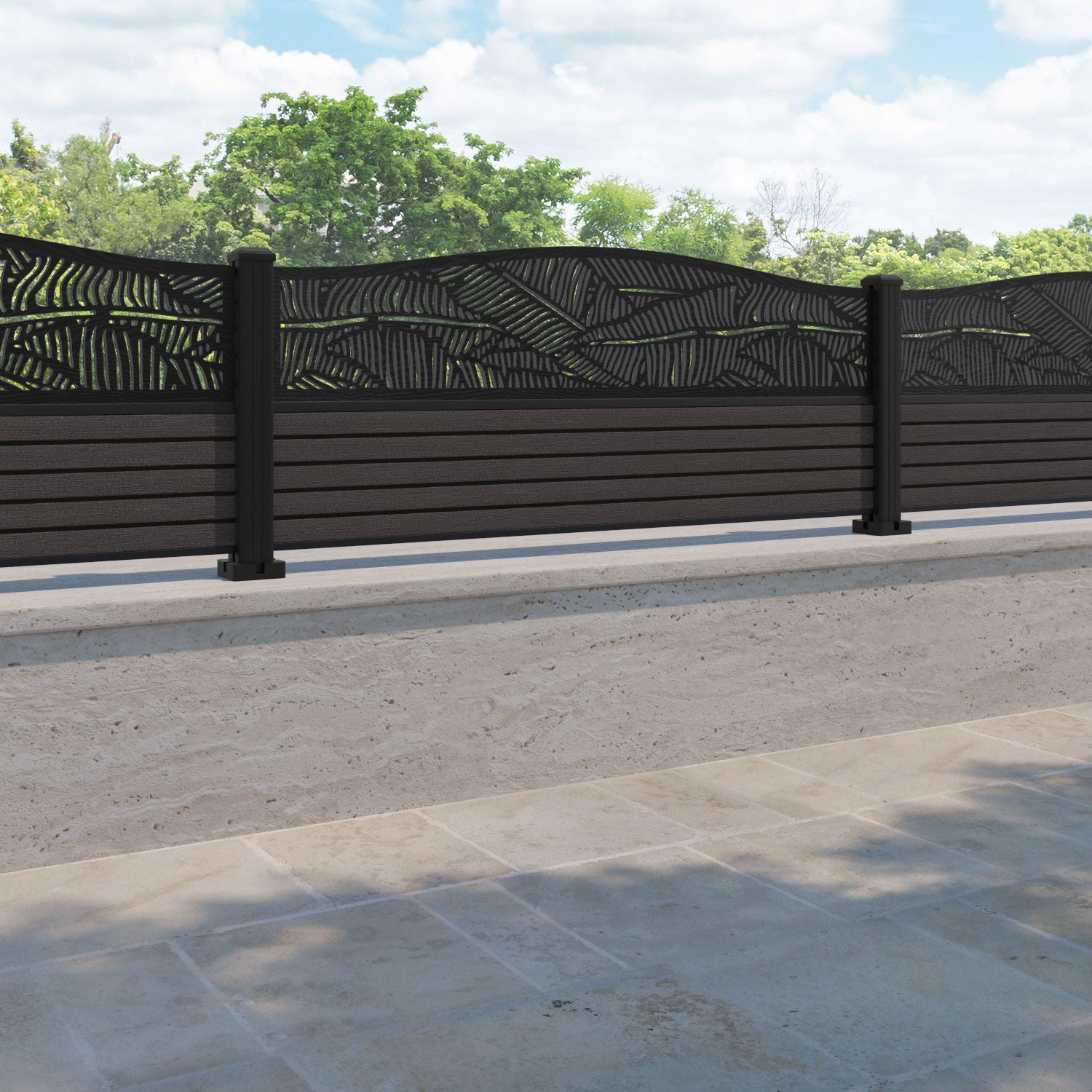 Hudson Feather Curved Top Fence Panel - Dark Oak - with our aluminium posts