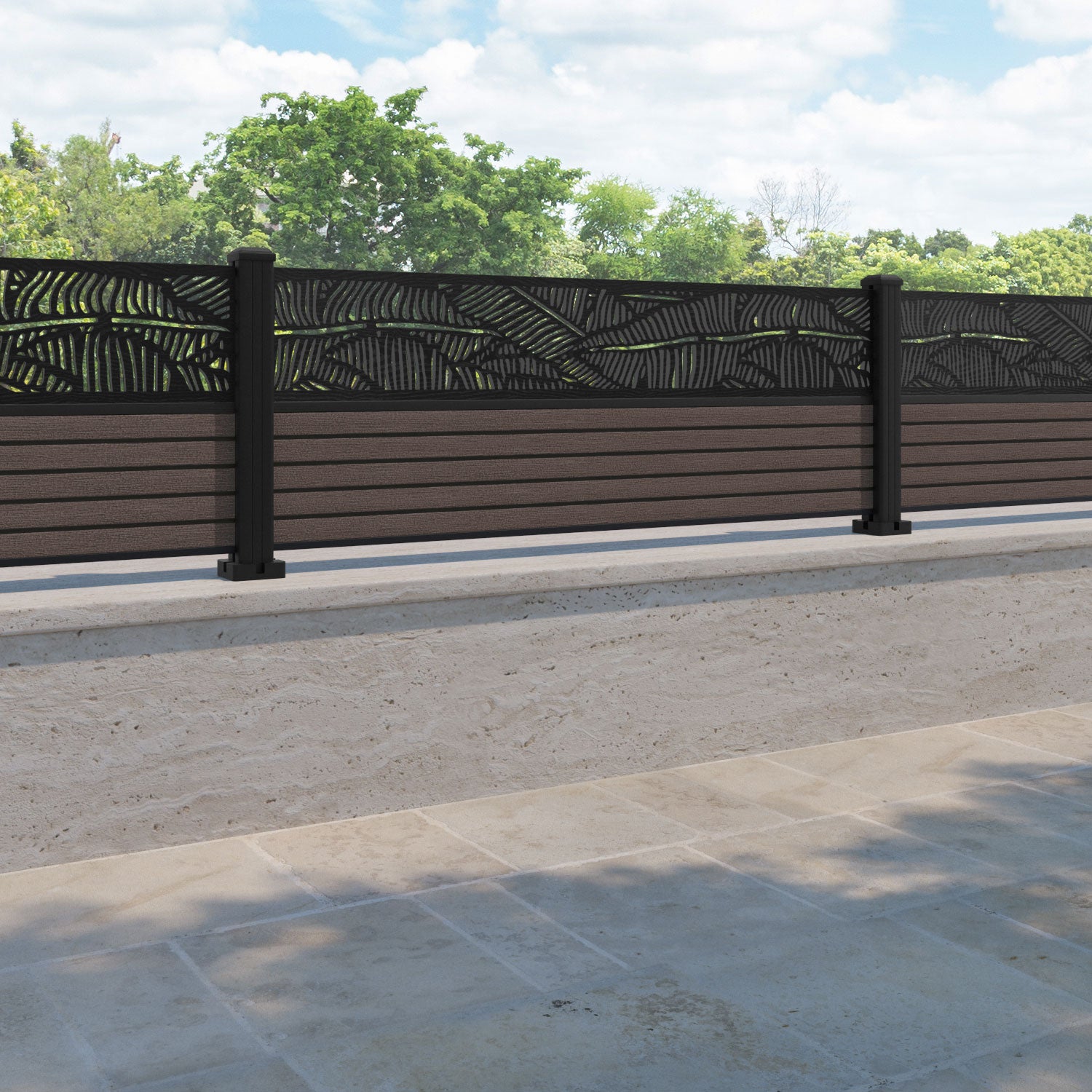 Hudson Feather Fence Panel - Mid Brown - with our aluminium posts